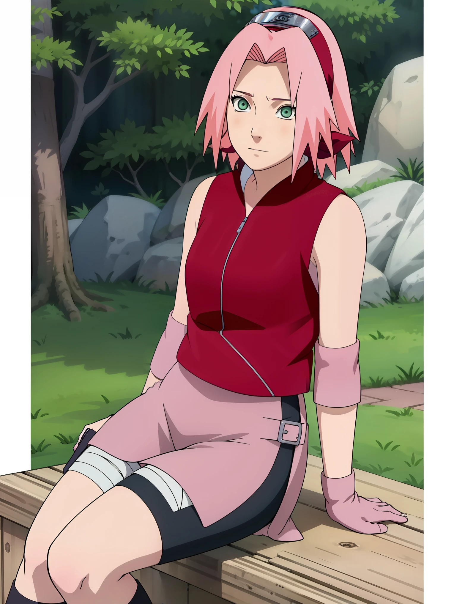 High-quality, ultra-detailed, realistic artwork of a scene from "Sakura Shippuden" with vivid colors, perfect for 4K or 8K resolutions. The scene depicts Sakura Haruno, a young woman, standing gracefully in a garden surrounded by blooming sakura (cherry blossom) trees. She is wearing a red jacket embroidered with the symbol of Konohagakure, the Hidden Leaf Village. Her leg is bandaged, indicating a recent injury. Sakura is wearing a short skirt and toeless footwear, emphasizing her femininity and agility. Sakura has shoulder-length bangs that softly frame her face, revealing her beautiful, green eyes. Her face is adorned with a forehead protector, which bears the Konohagakure symbol, signifying her allegiance to her village. The artwork showcases Sakura's attention to detail, including her long eyelashes, detailed lips, and delicate features, capturing her determination and inner strength. The lighting in the scene is soft and warm, casting a gentle glow on the petals of the sakura blossoms. The vibrant colors of the cherry blossoms contrast against Sakura's black short sleeves and gloves, adding depth to the composition. The overall color scheme leans towards pastel tones, enhancing the serene and tranquil atmosphere of the garden. This masterpiece artwork aims to capture the essence of Sakura Haruno's character, portraying her as a confident, skilled kunoichi amidst the delicate beauty of the sakura garden. The attention to detail, vibrant colors, and realistic rendering will bring this scene to life, evoking the spirit of "Sakura Shippuden" in a visually stunning