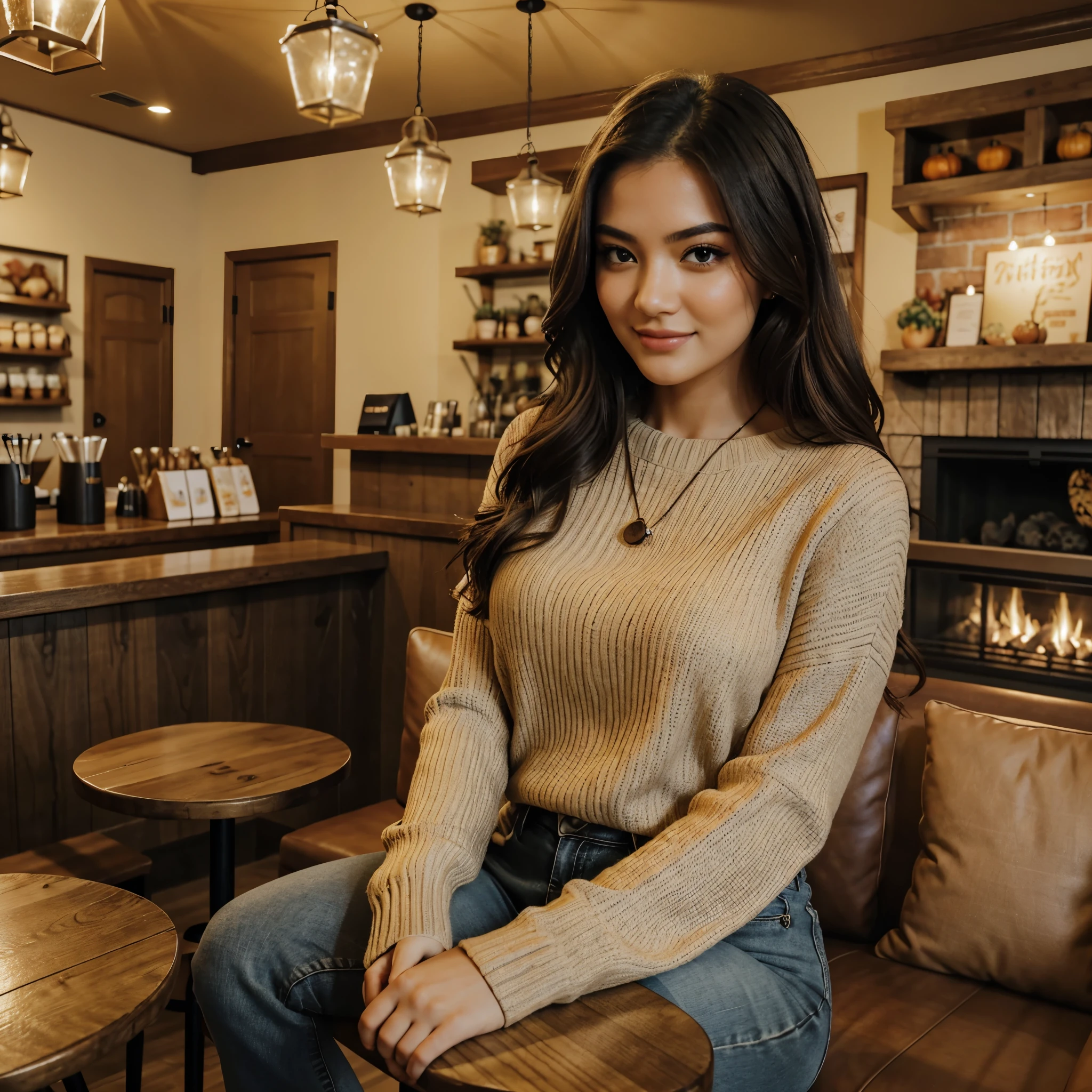 Generate heartwarming photos of Autumn, the enchanting Chinese influencer, savoring a spiced latte, epitomizing the essence of autumn's delight. Autumn, Chinese, in her mid-20s, stands at about 5'4", with long, wavy black hair gracefully falling over her shoulders. Her hourglass figure, accentuated by a full bust, pairs beautifully with her flawless, pale skin. Autumn's expressive grey eyes radiate charisma, mirroring her relaxed and confident demeanor.

Autumn's cozy chic ensemble reflects her impeccable style. She adorns herself in a soft, oversized sweater, its inviting color enveloping her, paired with snug-fitting, high-waisted jeans that highlight her figure with sophistication.

The charming, rustic coffee shop setting immerses Autumn in the warmth of fall, adorned with autumnal decor that enhances the cozy ambiance. Soft, diffused lighting envelops her in a golden glow, creating an inviting atmosphere. The surroundings include cozy seating, rustic wooden tables, and the rich aroma of freshly brewed coffee, all capturing the essence of Autumn's delightful coffee experience.

In candid moments, Autumn enjoys her spiced latte, lost in thought while gazing out of the window or sharing a bright smile. The photos capture the coziness and tranquility of the coffee shop, reflecting the simple joy of sipping a warm beverage. Natural lighting enhances the inviting atmosphere, bringing to life the essence of Autumn's delightful coffee experience.

With intense makeup, a cozy atmosphere, and features that are meticulously symmetrical, the photos embrace photorealistic techniques like path tracing, specular lighting, volumetric face light, path-traced hair, visible shadows, and intricate details. This creates an elaborate and hyper-realistic portrayal of Autumn's heartwarming coffee moments.