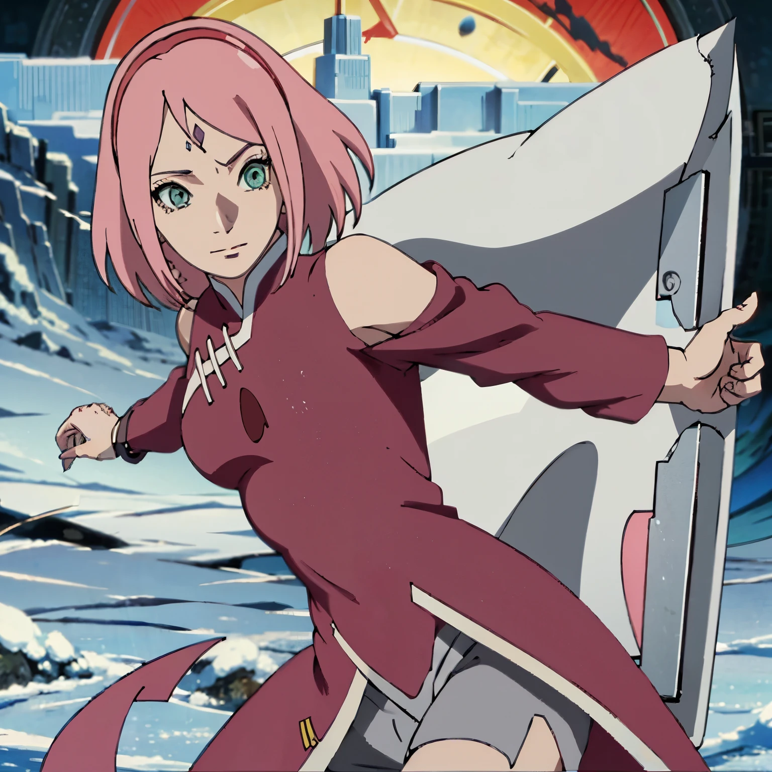 Hermosa madura sakura haruno, sentada, mirando de frente, usando vestido corto, sonrriendo, abitacion estilo konoha.