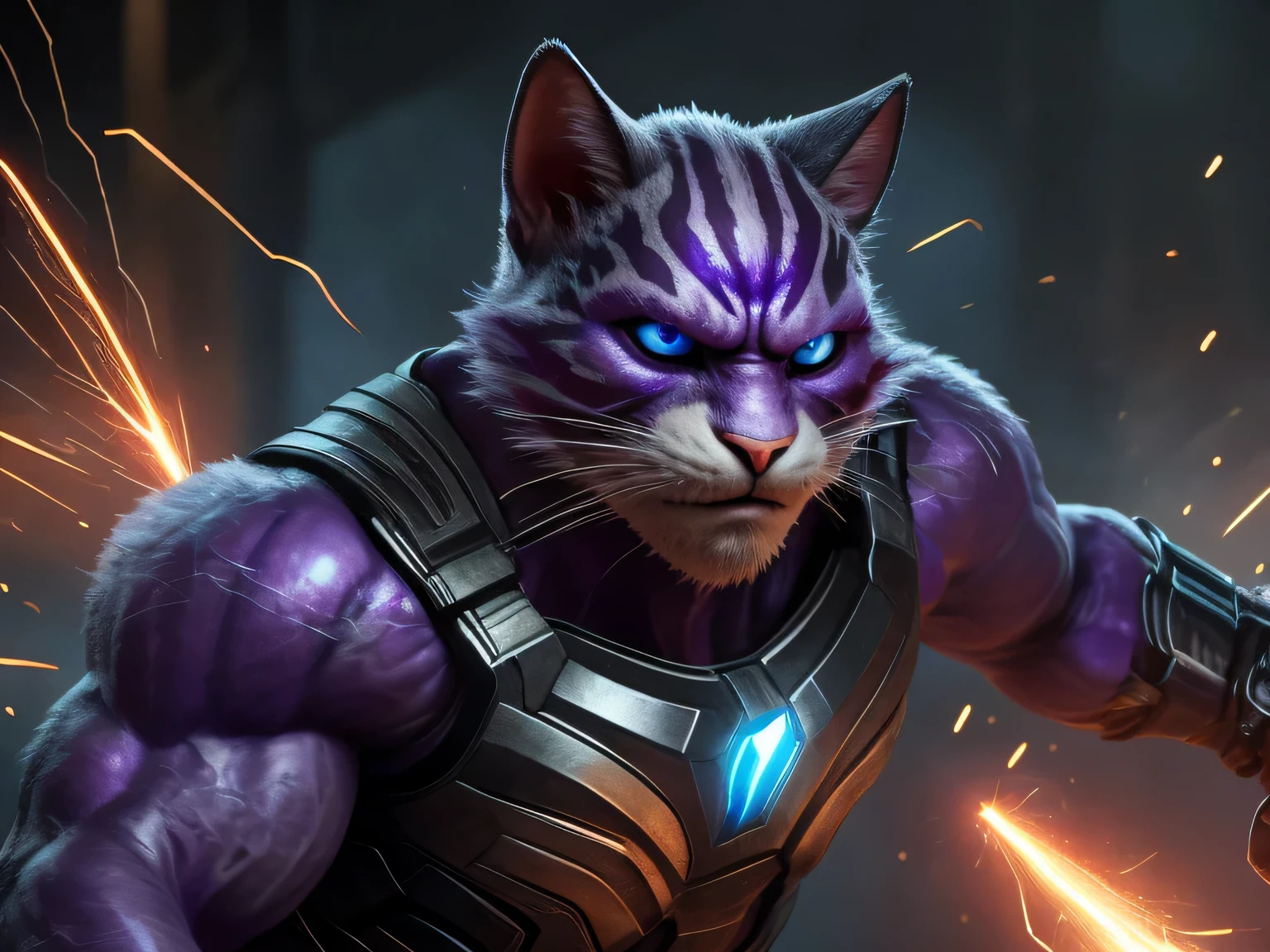 Wallecat as purple Thanos, portrait, fluffy cat, Blue eyes, portrait, superhero, Marvel, crush the city upside down, Cinematic, realism, film style, Beautiful, Sharp Focus, sparks, epic, power