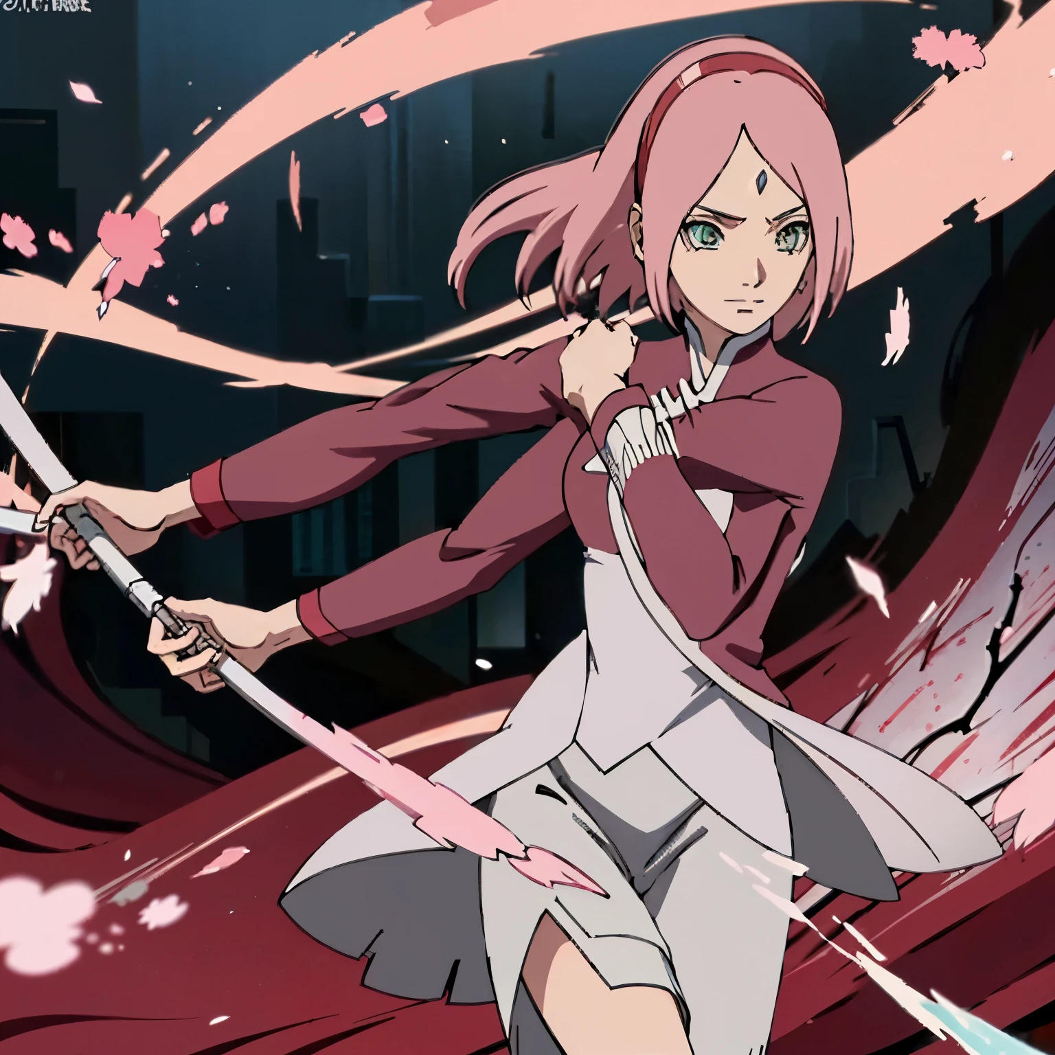 Anime girl with pink hair holding a sword in a city - SeaArt AI