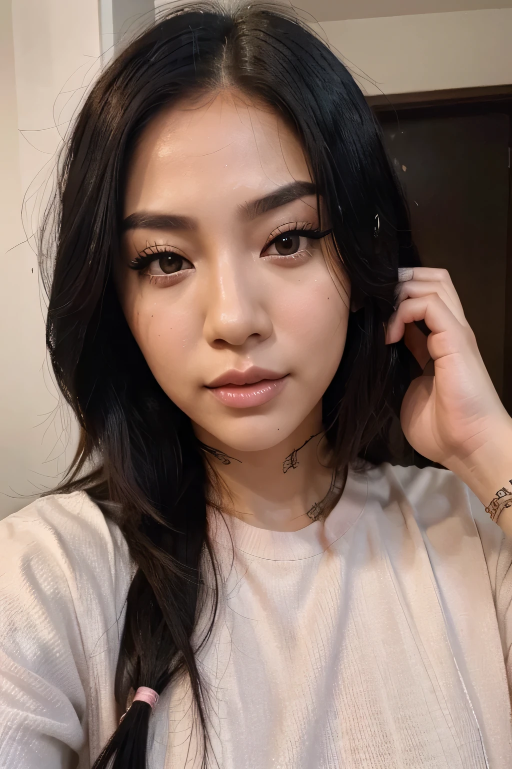 realistic photo of a beautiful woman with black hair, hair roots slightly faded, Asian, influencer, brown eyes, makeup, instagram, photo of a beautiful woman with pink hair, hair roots slightly faded, Asian, influencer, brown eyes, makeup, facebook