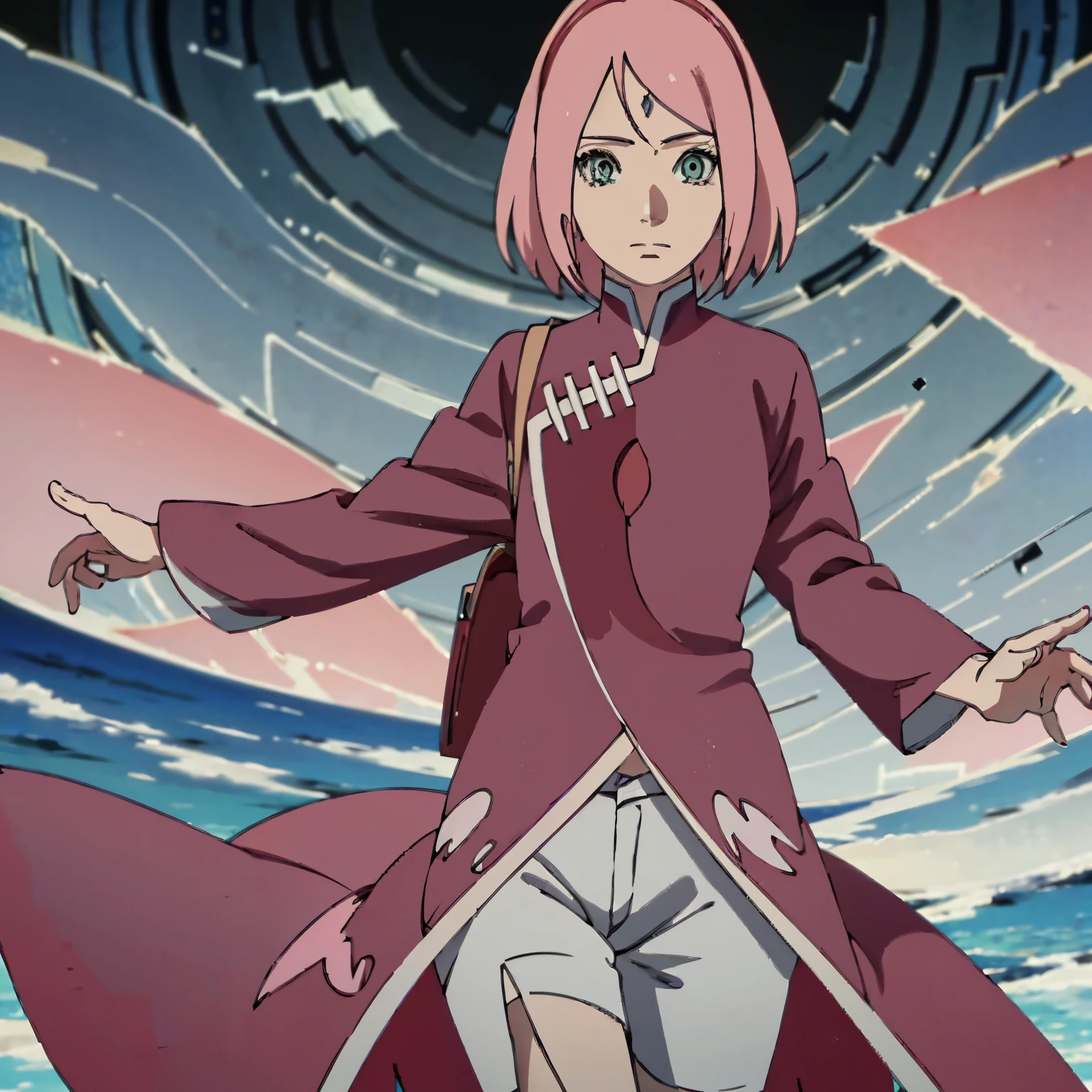 Hermosa madura sakura haruno, sentada, mirando de frente, usando vestido corto, sonrriendo, abitacion estilo konoha.
