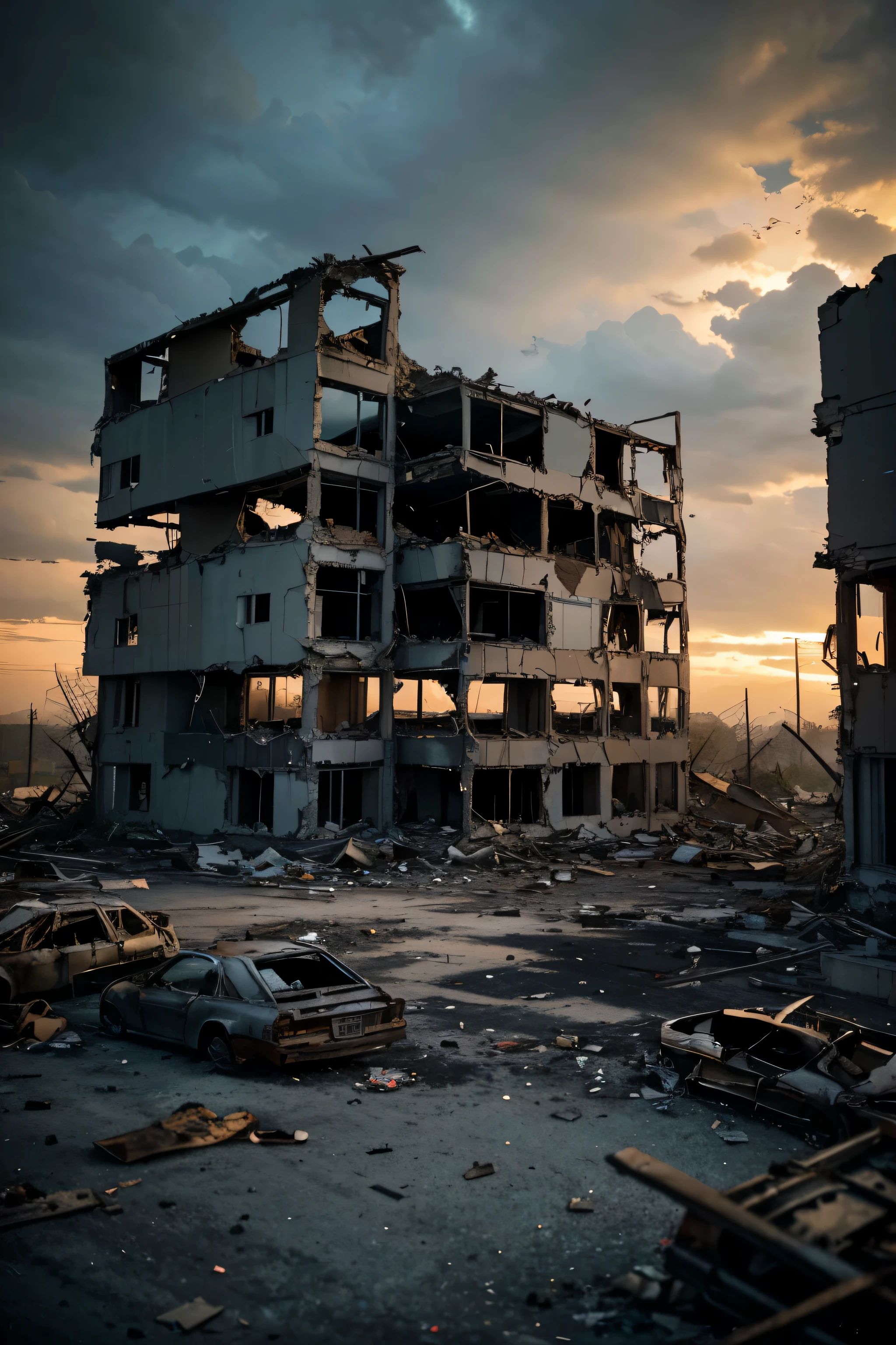 Visualize a close-up view of a demolished building, its structure sliced open to reveal a chaotic scene of destruction and debris. Piles of twisted metal, broken concrete, and scattered rubble litter the sandy ground, creating a landscape of desolation and disarray. The once towering walls now lie in fragmented ruins, their jagged edges jutting out amidst the wreckage. The atmosphere is tinted with a dusky yellow hue, casting an eerie glow over the scene and evoking a sense of abandonment and decay. Amidst the devastation, every detail tells a story of upheaval and transformation, inviting viewers to explore the aftermath of destruction in intricate detail.