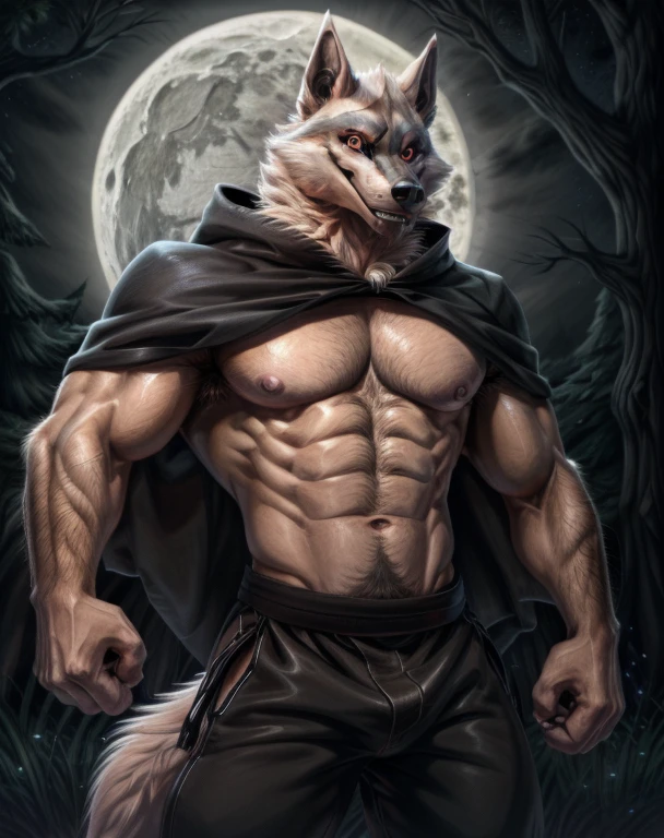 deathwolf,werewolf,male,aldult,alone,4K,best quality,looking at the audience,slim body,hairy body,Upper body exposed,bared  chest,Hairy breasts and firm figure,chest muscles,Pink nipples, Six-pack abs, biceps, anatomically correct,Delicate fur,pride,soft shadow,majestic,Detailed face,High quality eyes,red eyes,eyes shining,Sharp eyes,Grandiose,Valiantary,black pants,black cloak,Black cape,karate,Confident smile,Strong,mature,night,moon,forest,