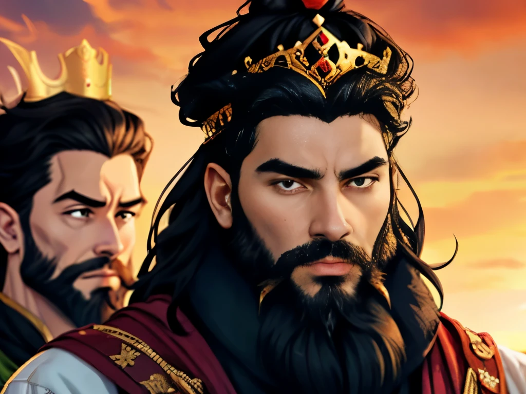 a king with a beard and black hair with a crown on his head looking forward. In the background there is another king looking forward.