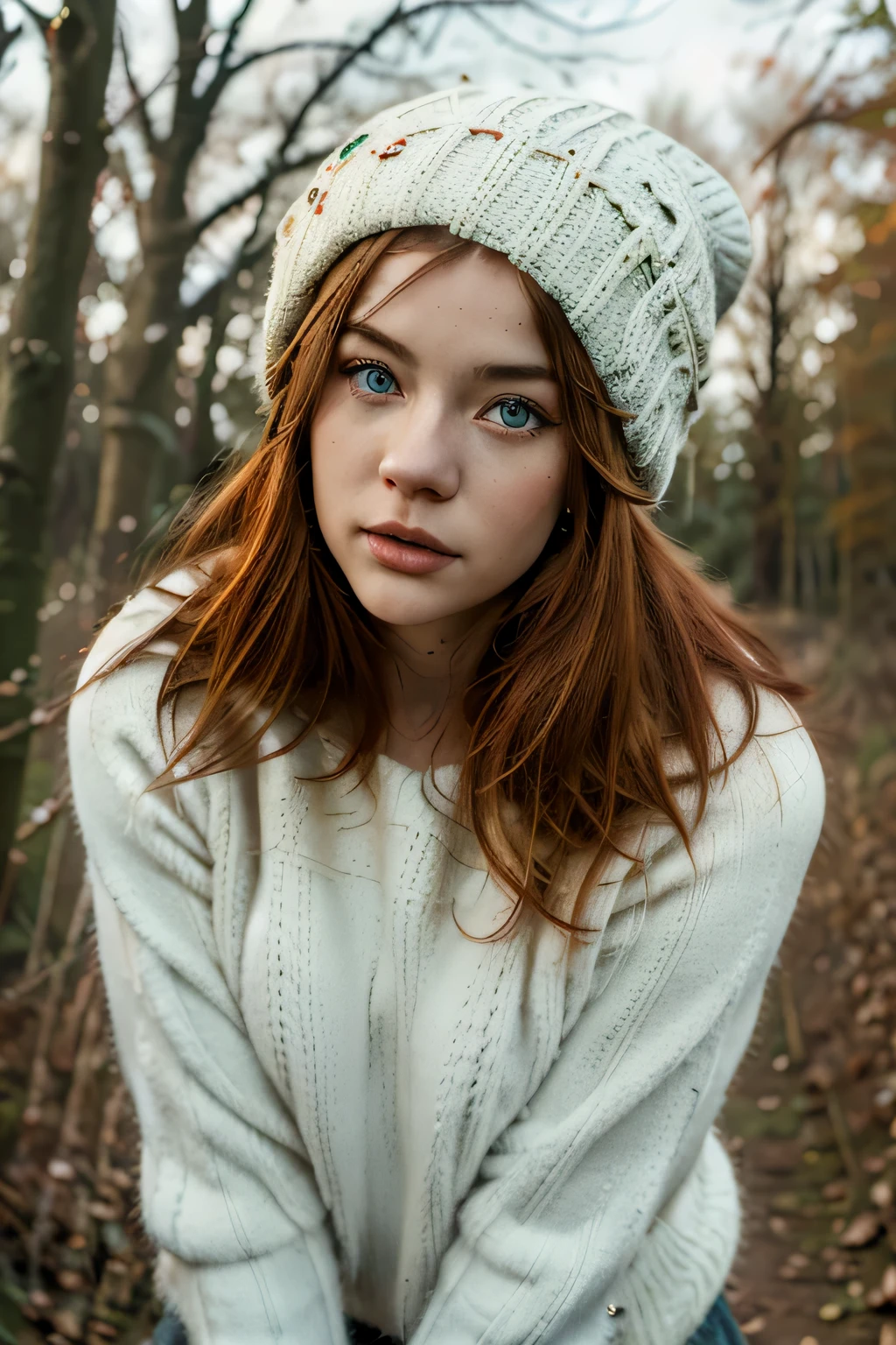 Hot seductive, BEAUTIFUL blue eyes, RED HAIR ,highlights throughout, in woodland background, dressed in wooly hat, wooly green jumper, white white jeans , holding a LABRADOR puppy dog CUTE! jumping and girl catching the dog, UHD, 8K, masterpiece, anatomically correct, HOTTEST QUALITY!