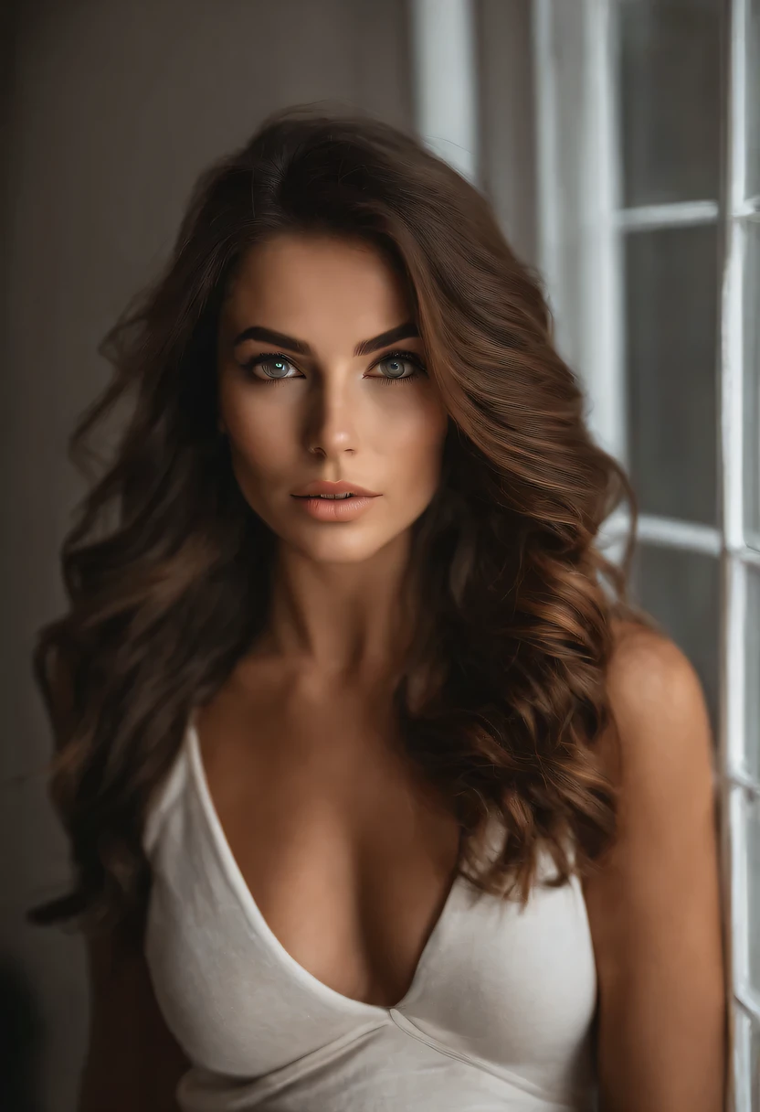Femme arafed avec débardeur et culotte assortis, fille sexy aux yeux bruns, cheveux bruns et grands yeux, selfie d&#39;une jeune femme, Kammeraugen, sans maquillage, maquillage naturel, Regarder directement dans la caméra, Visage avec Artgram, Maquillage subtil, Superbe photo de tout le corps, dans la pièce, clivage