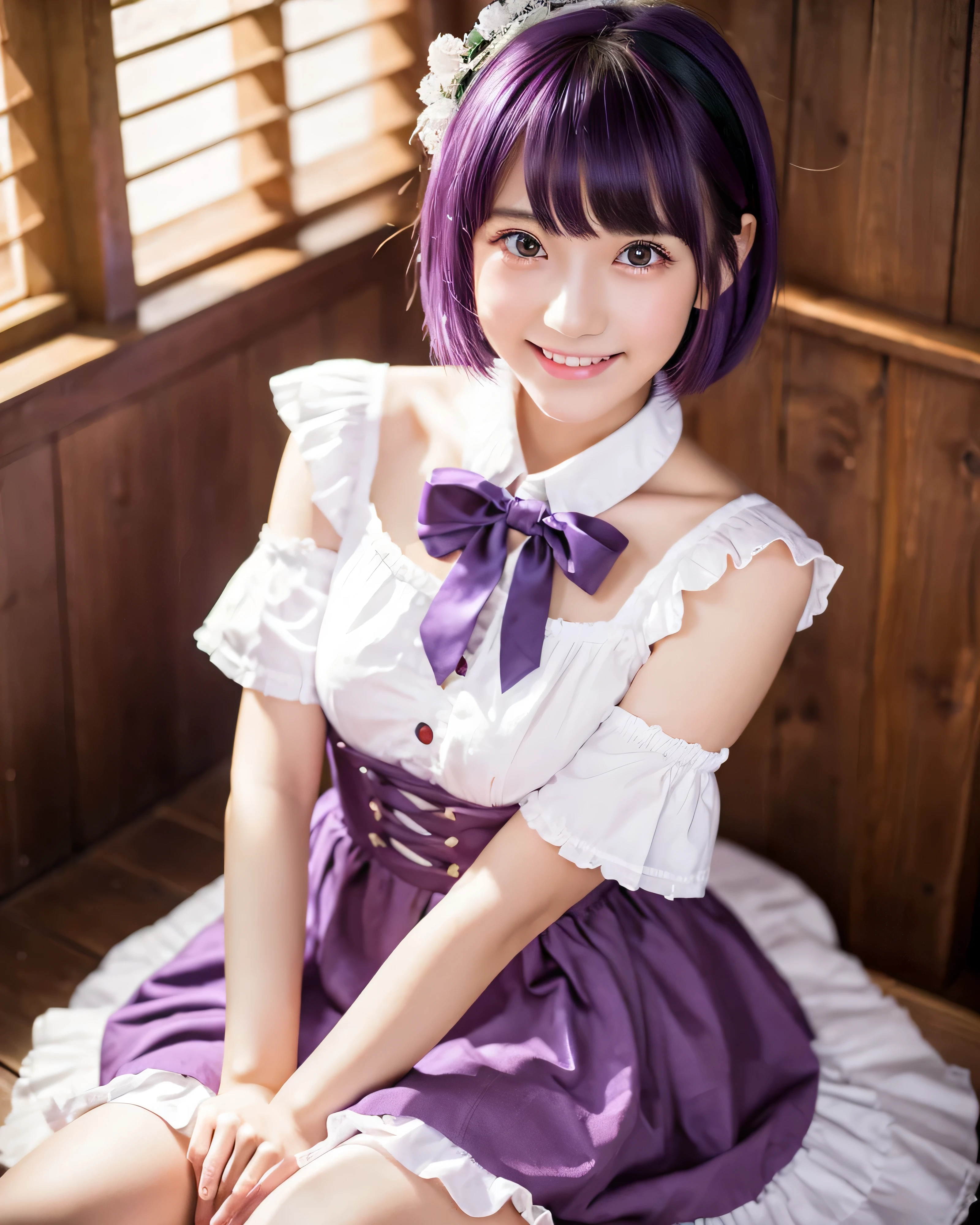 beautiful japanese girl、18 year old beautiful girl、(whole body:1.5) 、fine dark purple hair、bob cut、asymmetrical bangs、big magic eyes、detailed purple eyes、pale pink lips、thin eyebrows、smooth soft skin、happy smile、Maid clothes、plump breasts、modern cafe、Bright interior、Beautiful thighs in high resolution、knee socks、professional lighting、professional photographer
