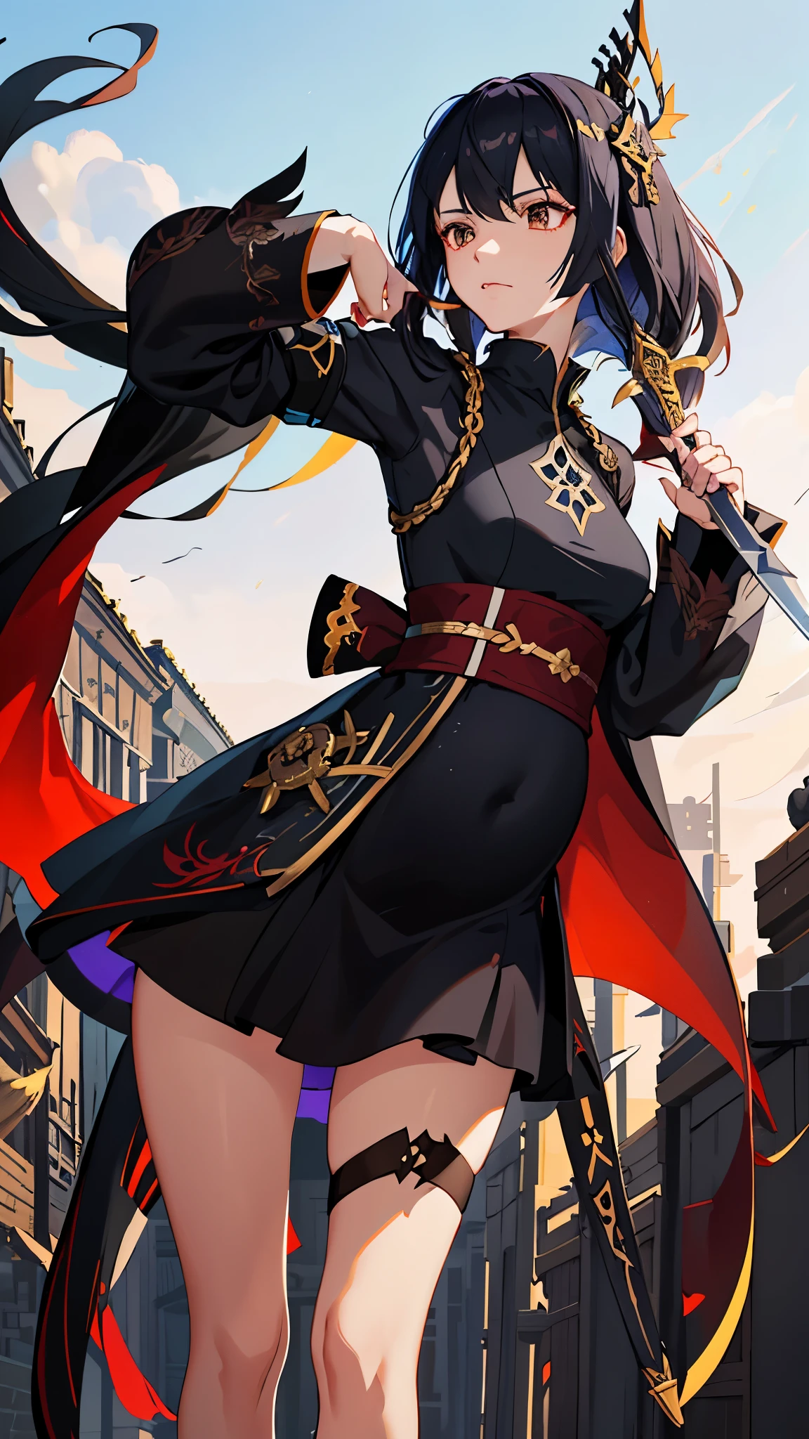 a woman in a dress holding a dagger and a dagger, video game character, from arknights, fox nobushi holding a dagger, hajime yatate, keqing from genshin impact, black haired deity, with small sword, ayaka genshin impact, female action anime girl, official character art, anime character, pregnant anime girl, fetus