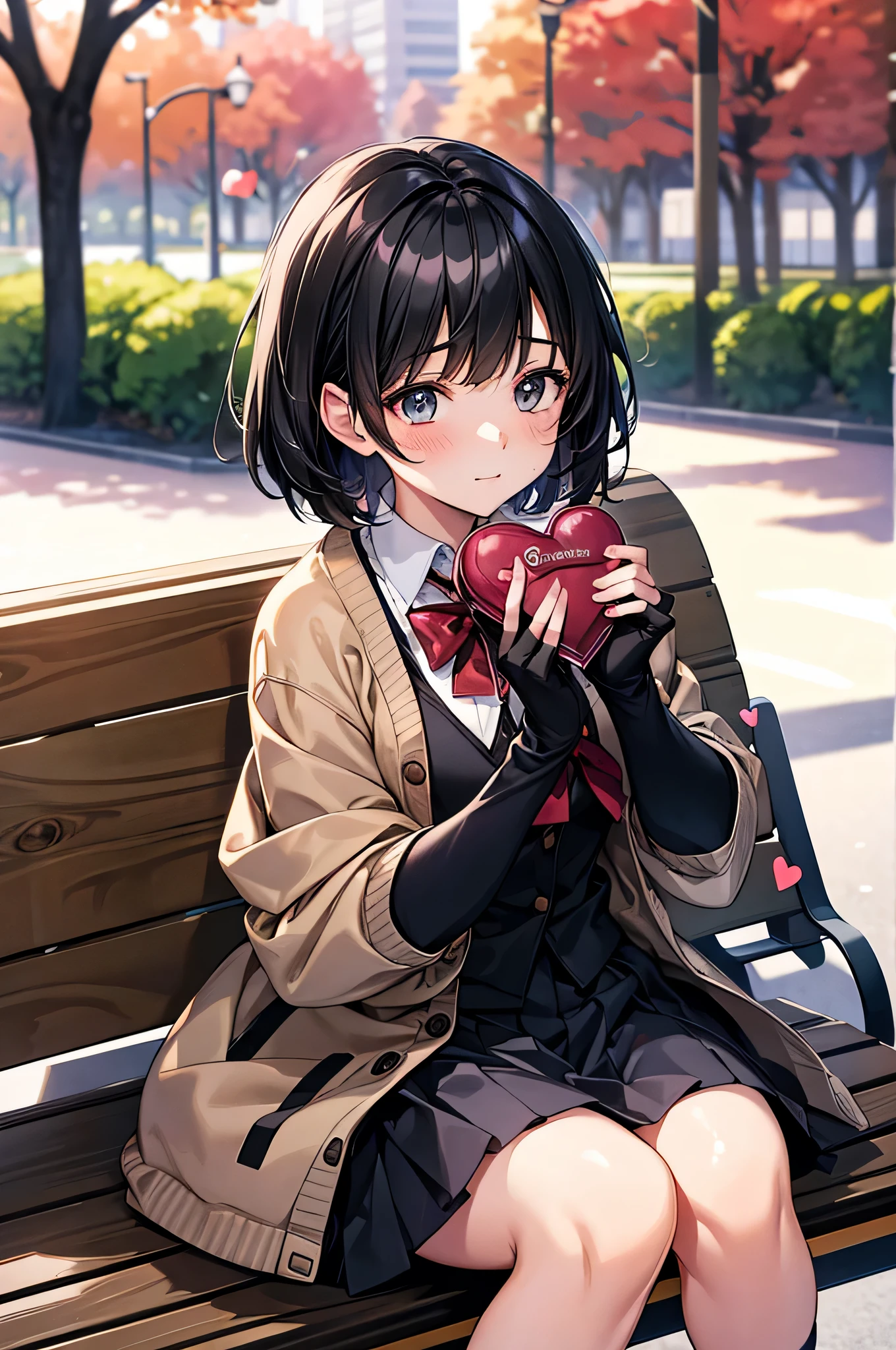 High resolution,
uniform, high school student, cardigan, holding a heart-shaped chocolate, valentine&#39;s day, evening, sitting on a park bench, shy, short hair, black hair, Japanese, round face, girl, anime, Scarf, wool gloves, stylish down jacket, cold, five fingers