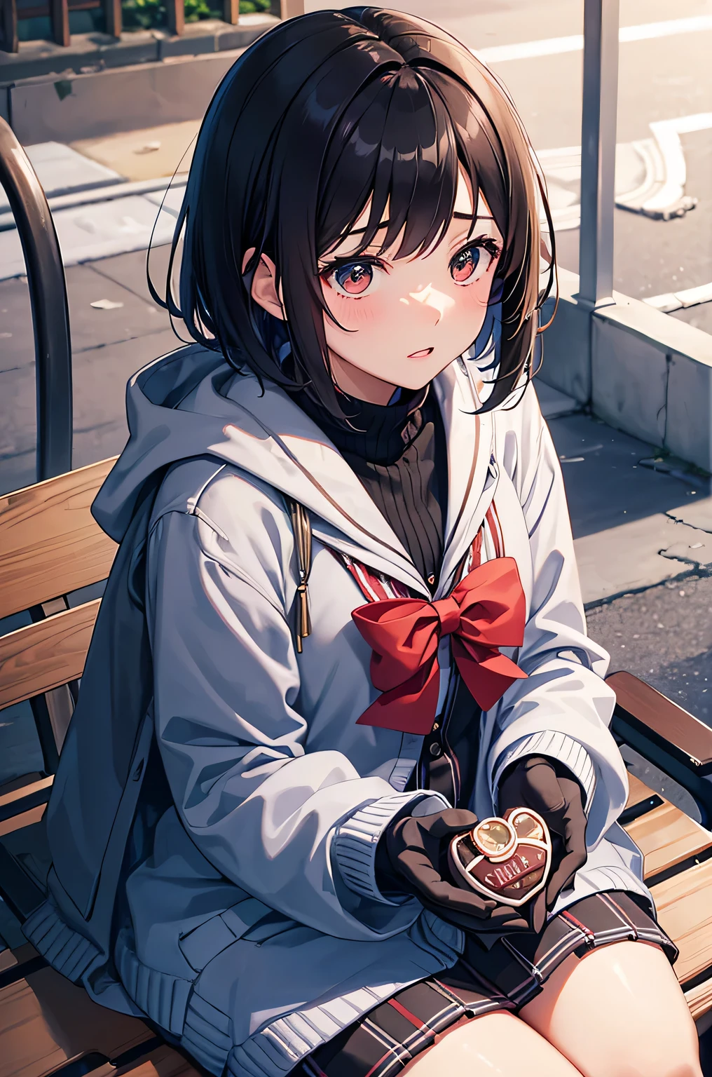 High resolution,
uniform, high school student, cardigan, holding a heart-shaped chocolate, valentine&#39;s day, evening, sitting on a park bench, shy, short hair, black hair, Japanese, round face, girl, anime, Scarf, wool gloves, stylish down jacket, cold, five fingers