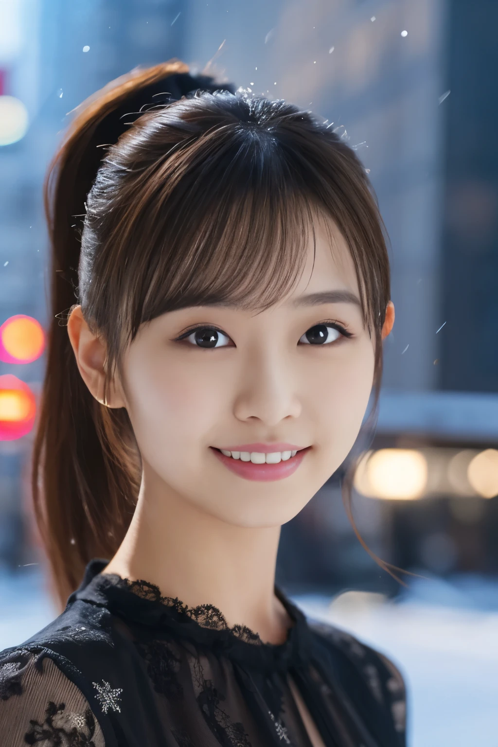 1 girl, (Wearing a black blouse:1.2), beautiful japanese actress, (ponytail:1.3),
(RAW photo, highest quality), (realistic, Photoreal:1.4), masterpiece, 
very delicate and beautiful, very detailed, 2k wallpaper, wonderful, 
finely, very detailed CG Unity 8K 壁紙, Super detailed, High resolution, 
soft light, beautiful detailed girl, very detailed目と顔, beautifully detailed nose, beautiful and detailed eyes, cinematic lighting, 
break
(Against the backdrop of a snowy night cityscape 1.3), city lights, 
perfect anatomy, slender body, smile, Face the front completely, look at the camera