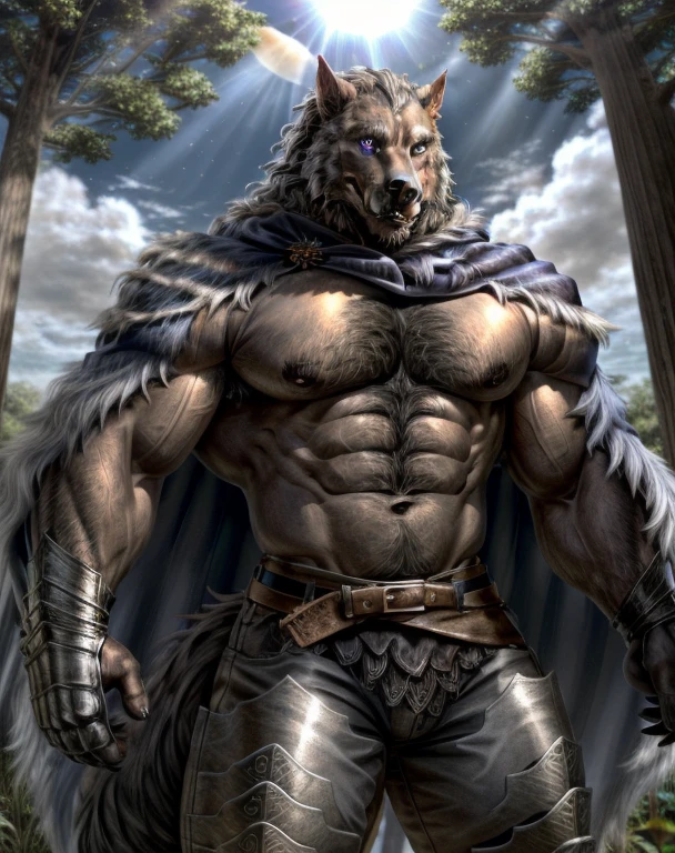 blaidd (elden ring) ,werewolf,male,uncle,adult,alone,4K,best quality,,looking at the audience,Show muscles,hairy body,Upper body exposed,bared  chest,Hairy chest,furry tail,chest muscles,Pink nipples, Six-pack abs, biceps, anatomically correct,Delicate fur,pride,soft shadow,Majestic detailed face,High quality eyes,purple eyes,black pupils,handguard, Leg armor,cloak, Pants, belt,Grandiose,Valiantary,Confident smile,Strong,mature,forest,Blue sky and white clouds,The sun shines
