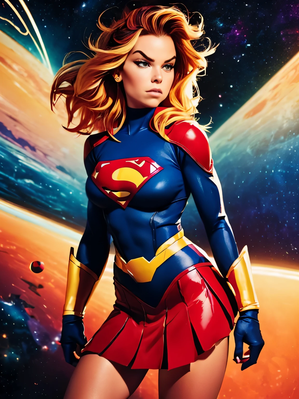 (((COMIC STYLE, CARTOON ART))). ((1 girl)), lonly, solo, A comic-style image of Supergirl a Hot hero Girl, with her as the central figure. She wears a traditional Supergirl blue and red outfit, red little skirt, (((Milly Alcock face))) . ((Hot slim body). (((Cinematic cosmic space background))) . She has a strong and courageous expression, as if she is ready to fight evil.