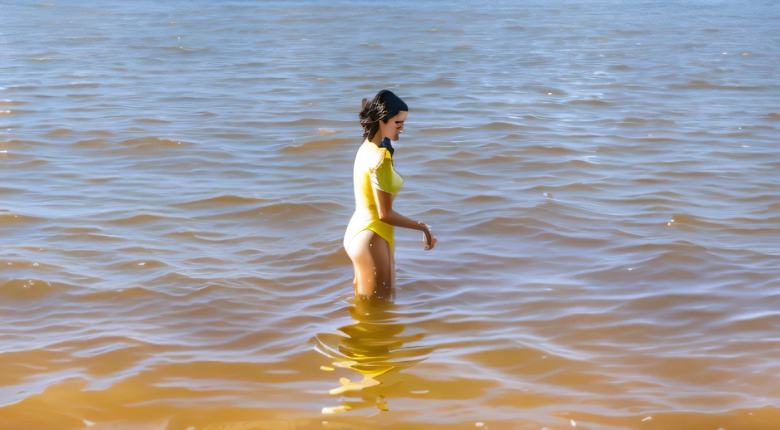 there is a woman standing in the water, no mar, no lago, in the water up to the shoulders, standing no lago, in the water, in the water, in the water! up to the shoulders, standing in shallow water, body in the water, no mar, emerging from the water, no mar, standing near the water. Mulher brasileira com pele branca e cabelos escuros. ela tem cerca de 35 anos. Corpo fino, cintura fina. Altamente realista, hiperrealismo, pele muito elaborada. foto de corpo inteiro, Limpar foto, alta qualidade, high resolution, obra de arte, 8k.