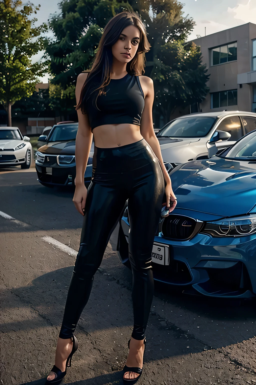 Create an image of a slim, beautiful brunette model standing next to a blue BMW M3 in a gym parking lot. She wears black leggings, a white top, and stylish high heels. Leaning forward with her hands resting on the car's front hood, she exudes confidence. The scene is bathed in warm sunlight, with the gym's hustle and bustle in the background