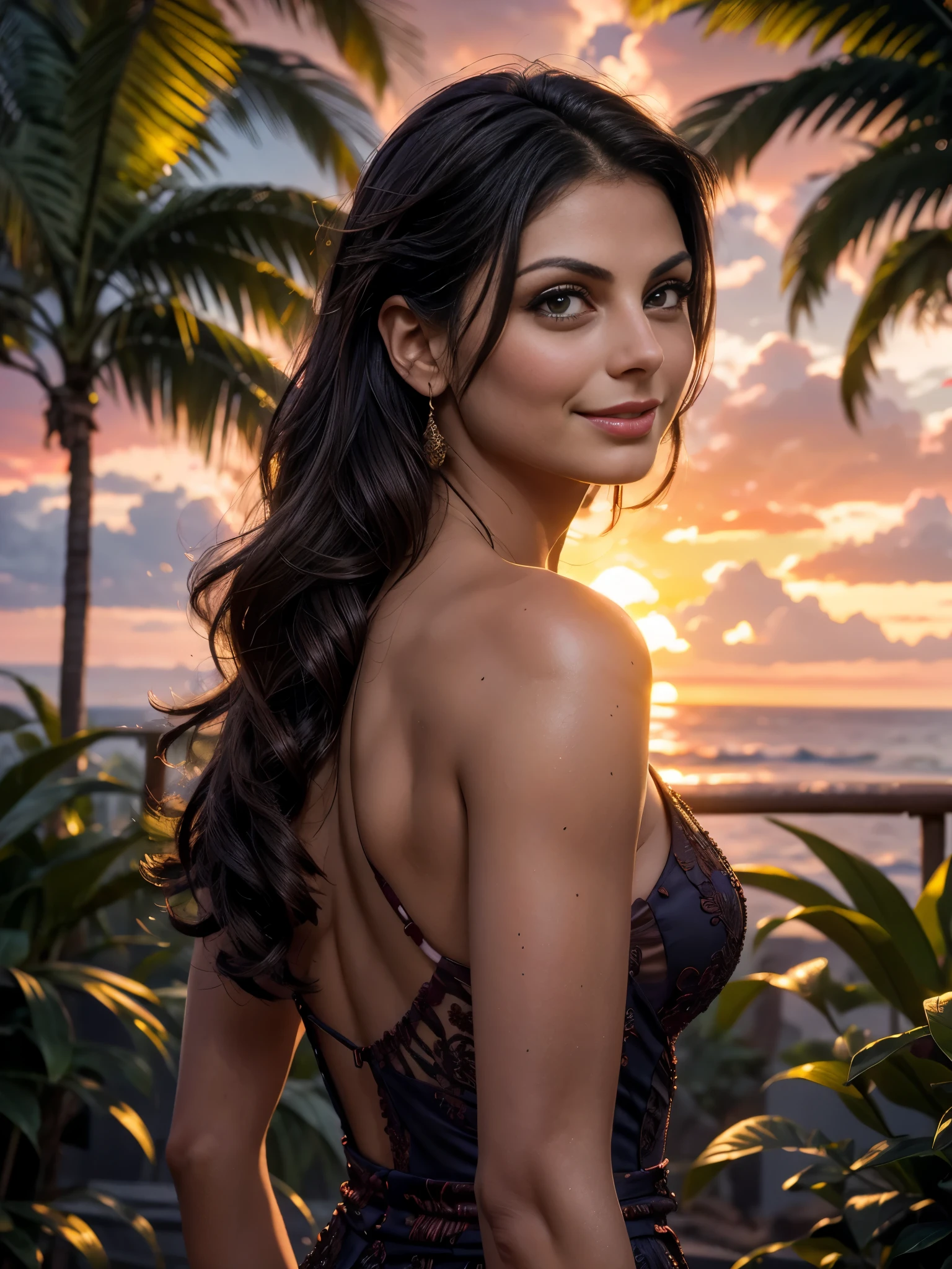 Foto hiperrealista en primer plano de Morena Baccarin masterpiece, best quality, (photorealistic:1.4), (gloss evening dress1.2), cinematic light, skinny, medium breasts, brunette long wavy hair, detailed face, smile, facing the camera, summer, tropical, jungle, whimsical, intricate brush strokes, beautiful lighting, intricate details, Unreal Engine, creative, expressive, detailed, colorful, digital art, unique, (sunset:1.3), back