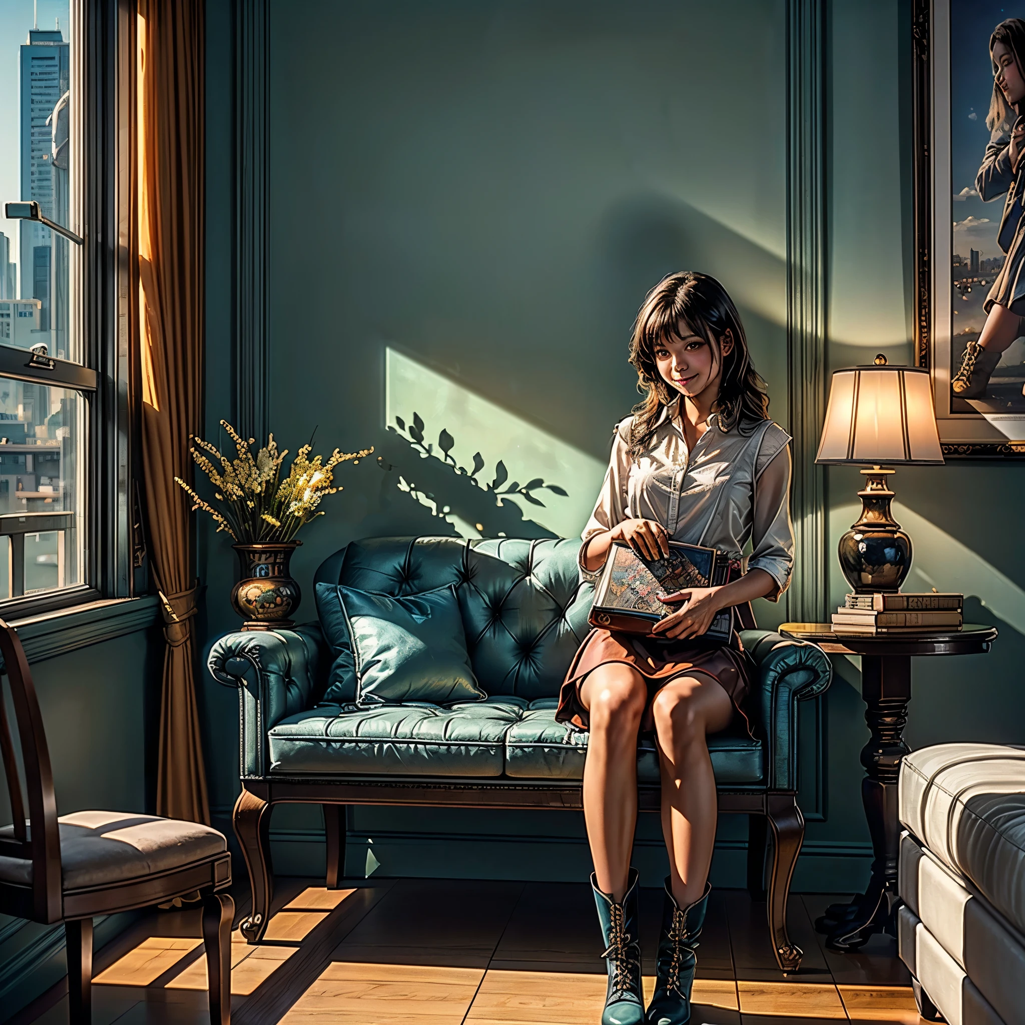 (epic Masterpiece, ultra highest quality, ulra highest resolution, ulra high-definition, distinct_image, very elaborate CG, cinematic lighting, ray tracing, drop shadows, detailed detail, (photorealistic: 1.4), ultra high quality textures, fine-grained, realistic face expression): (lone girl, face is Japan, brown short hair, small size breasts, sparkling eyes, Eye level shot, happy smile, beauty, slim body, holiday, own room, console game, computer, display, keyboard, mouse, long leather skirt, collared shirt, leather vest, handgun holder, carrying leather bag on your back, long boots, antique radio, coffee, model train, bookshelf, spacious chair, Pots, fans, paintings, stuffed animals, ties, notebooks, stationery, vases, photo frames, letters, fountain pens, calendars, lamps, cushions, baskets, mirrors reflecting in profile, candles, newspapers, sweets, city view outside the window, telephone, fruit) varied multi etc. --v 6 --s 1000 --c 20 --q 20 --chaos 100