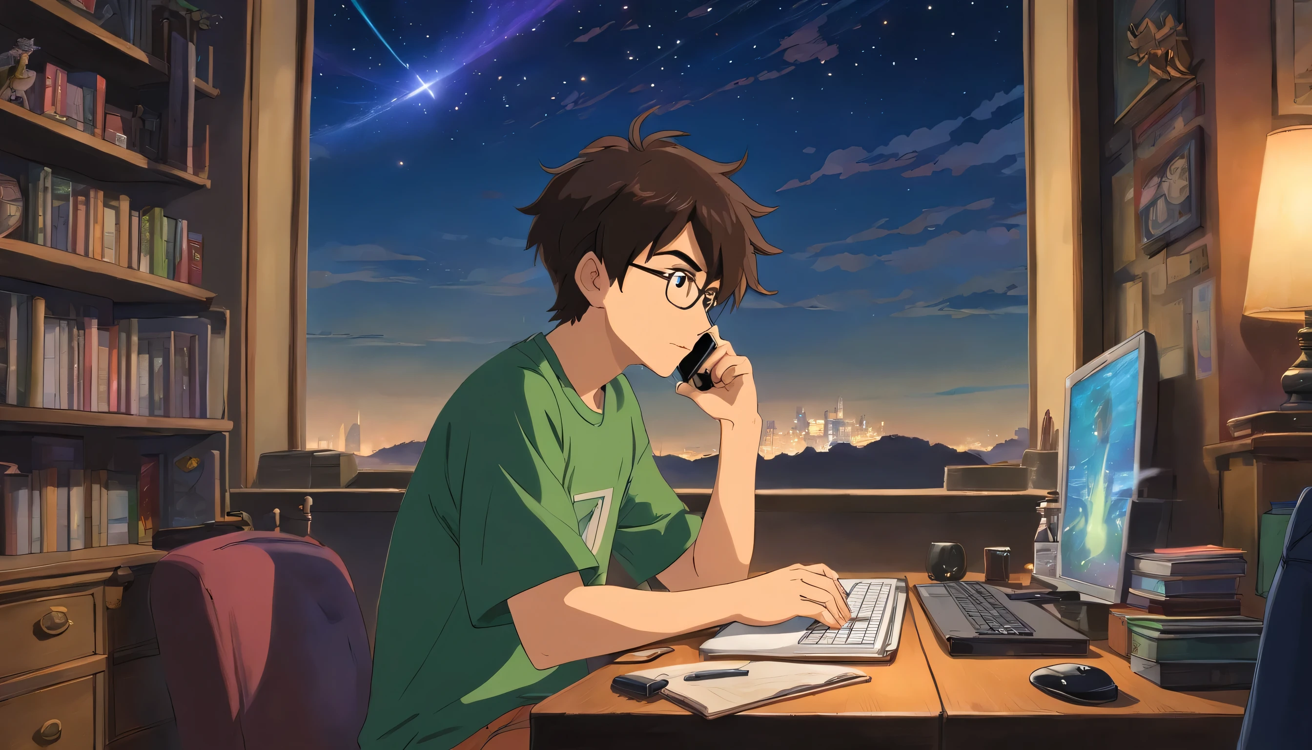(obra de arte) Um Menino (olhos) usando fones de ouvido, estudando sentado de frente para um laptop em seu quarto, with an open window in the background with the dark sky with stars, nerd décor, cup of coffee on the table smoking.