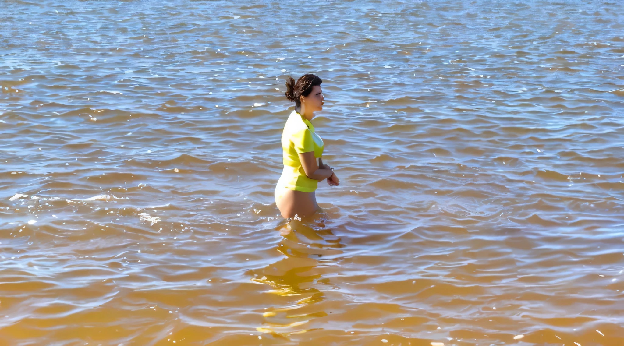 there is a woman standing in the water, no mar, no lago, in the water up to the shoulders, standing no lago, in the water, in the water, in the water! up to the shoulders, standing in shallow water, body in the water, no mar, emerging from the water, no mar, standing near the water. Mulher brasileira com pele branca e cabelos escuros. ela tem cerca de 35 anos. Corpo fino, cintura fina. Altamente realista, hiperrealismo, pele muito elaborada. foto de corpo inteiro, Limpar foto, alta qualidade, high resolution, obra de arte, 8k.