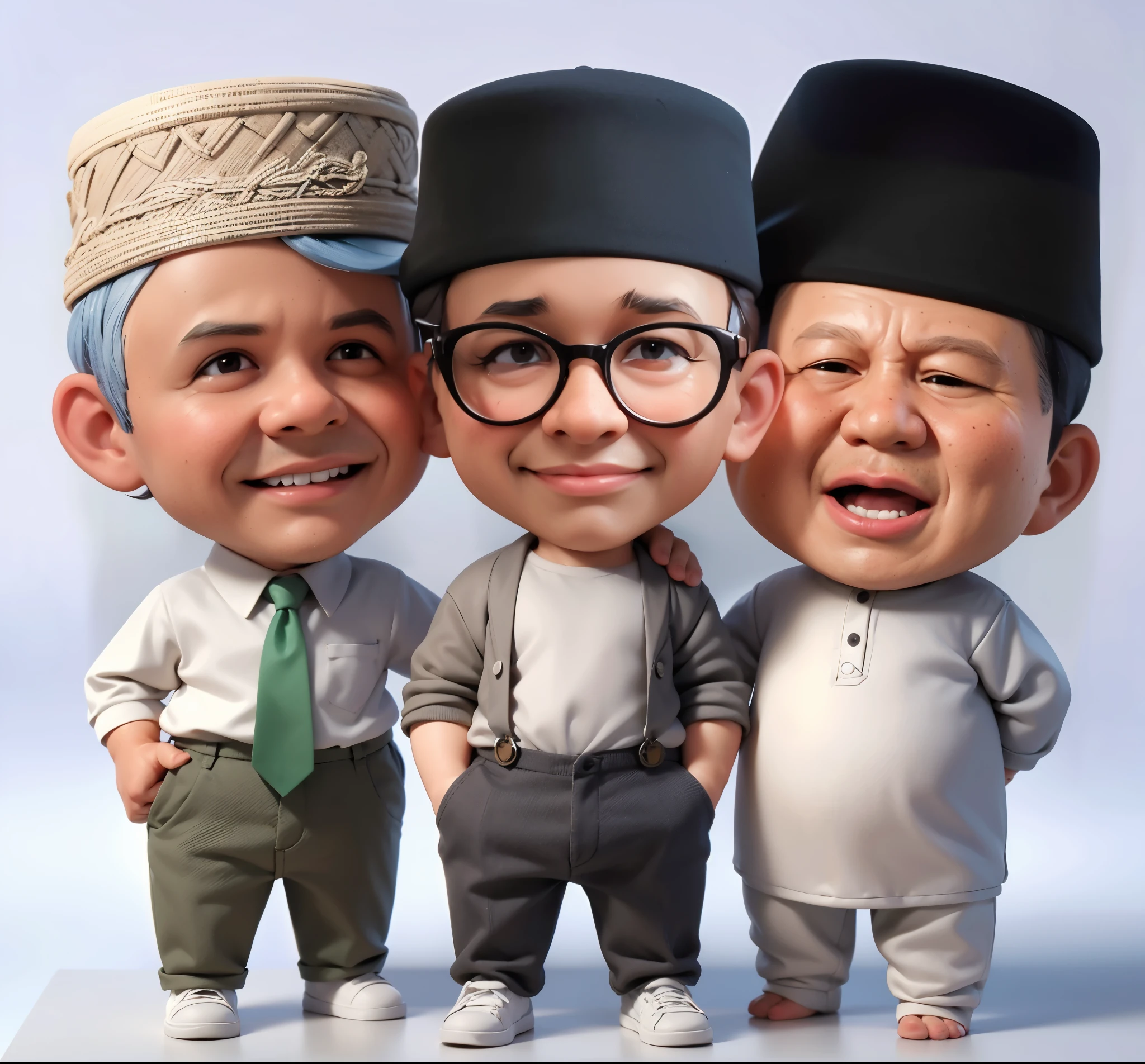 three cartoon figures of men with hats and glasses on a table, caricature illustration, chibi, caricature, official illustration, 3 heads, 3 d cartoon, caricature style, the three moiras, official fanart, cartoon image, fanart, portrait shot, in cartoon style, charicature, caricature!!!, ethnic group, three head one body, potrait, charactor