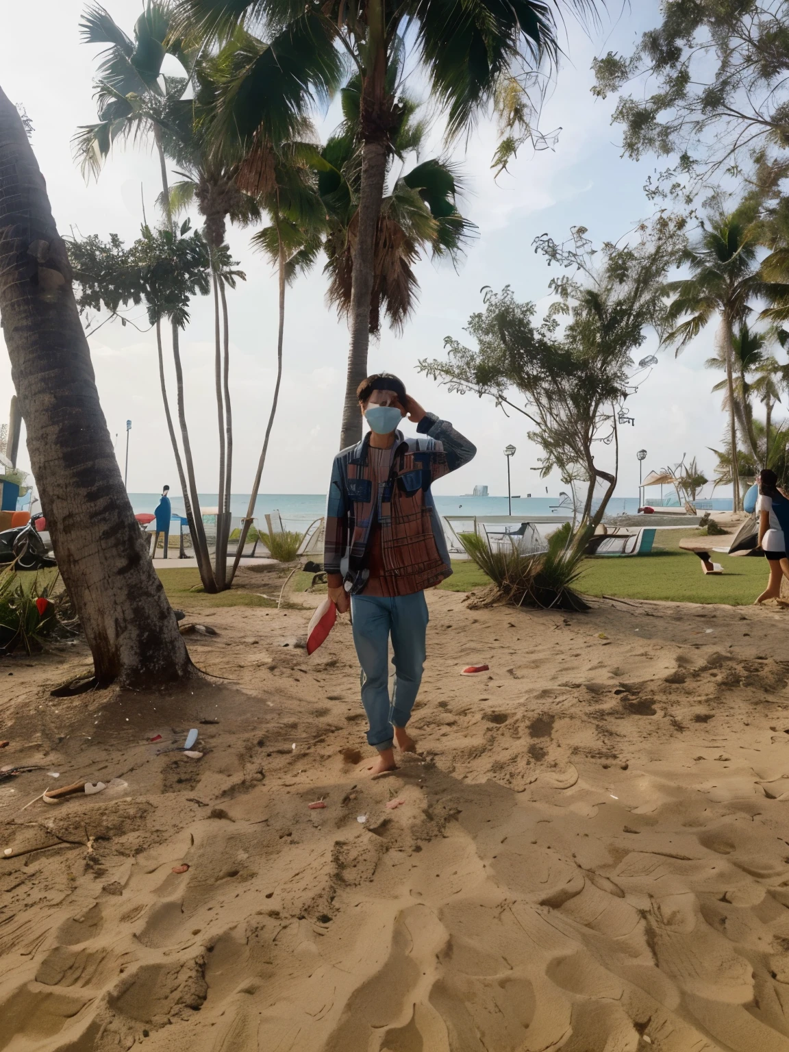 A cute Korean boy with a realistic face and with a face mask, chilling near the clean peaceful beach . And change the background with the realistic Miami beach Florida America. Sea layers touching his leg