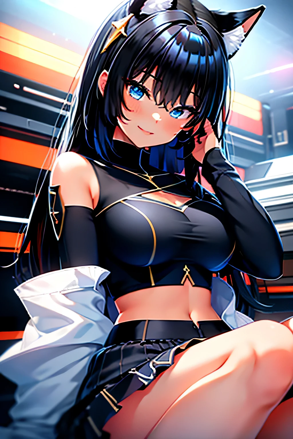 A cute girl with long black hair, iridescent gold-blue streaks in her hair, large iridescent blue-green eyes, wearing a loose black tanktop and black skirt, sitting in the drivers seat of a truck in space, space background, stars background, , young, large breasts, medium breasts.
