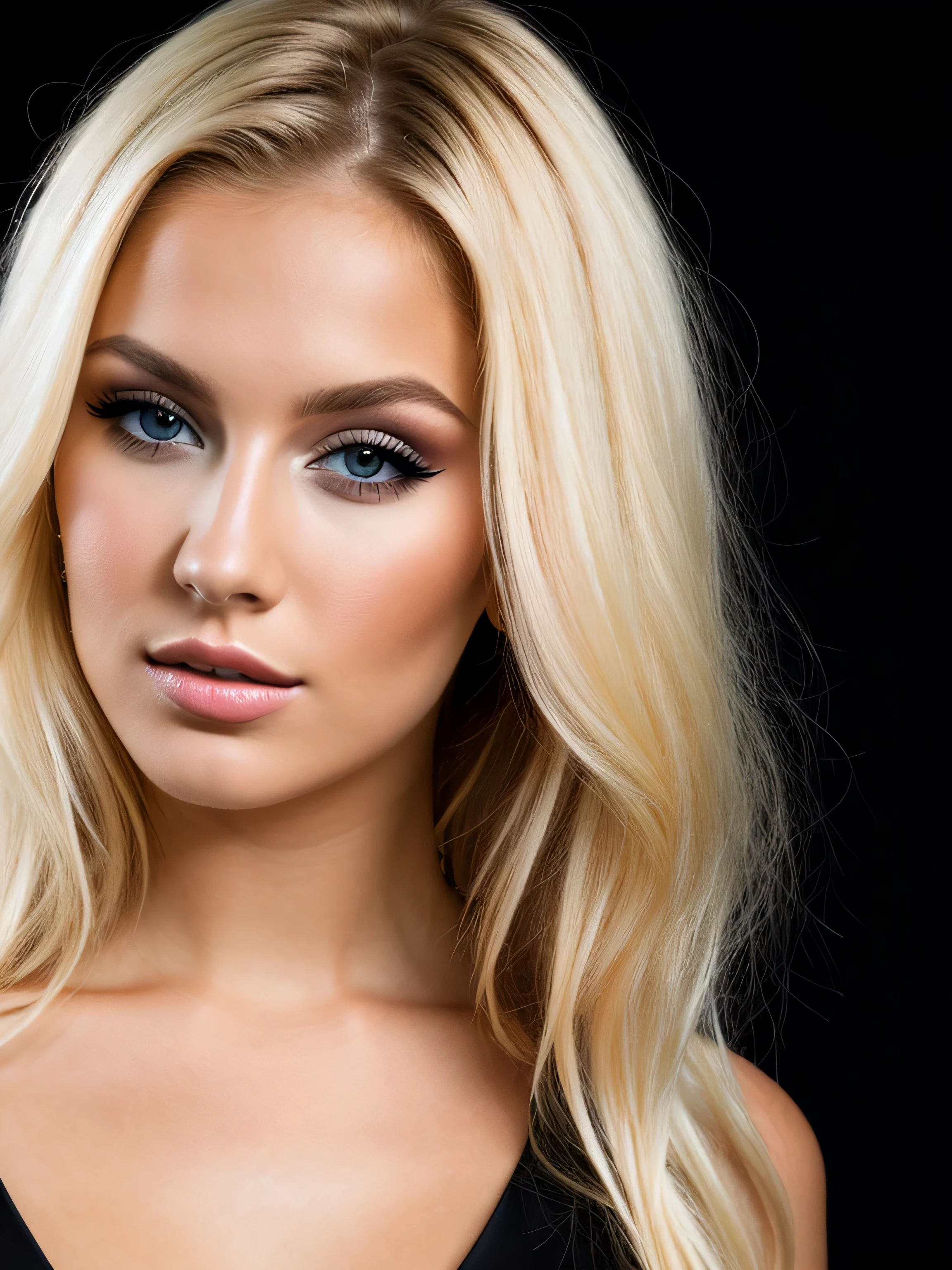 une blonde et maquilleuse de 23 ans, Photorealism, studio photo on very dark black background, mode, Blonde Hair with Light Brown Roots, cheveux blond, Cheveux avec des racines brunes, yeux bleus, belle femme, vue de face, high quality,