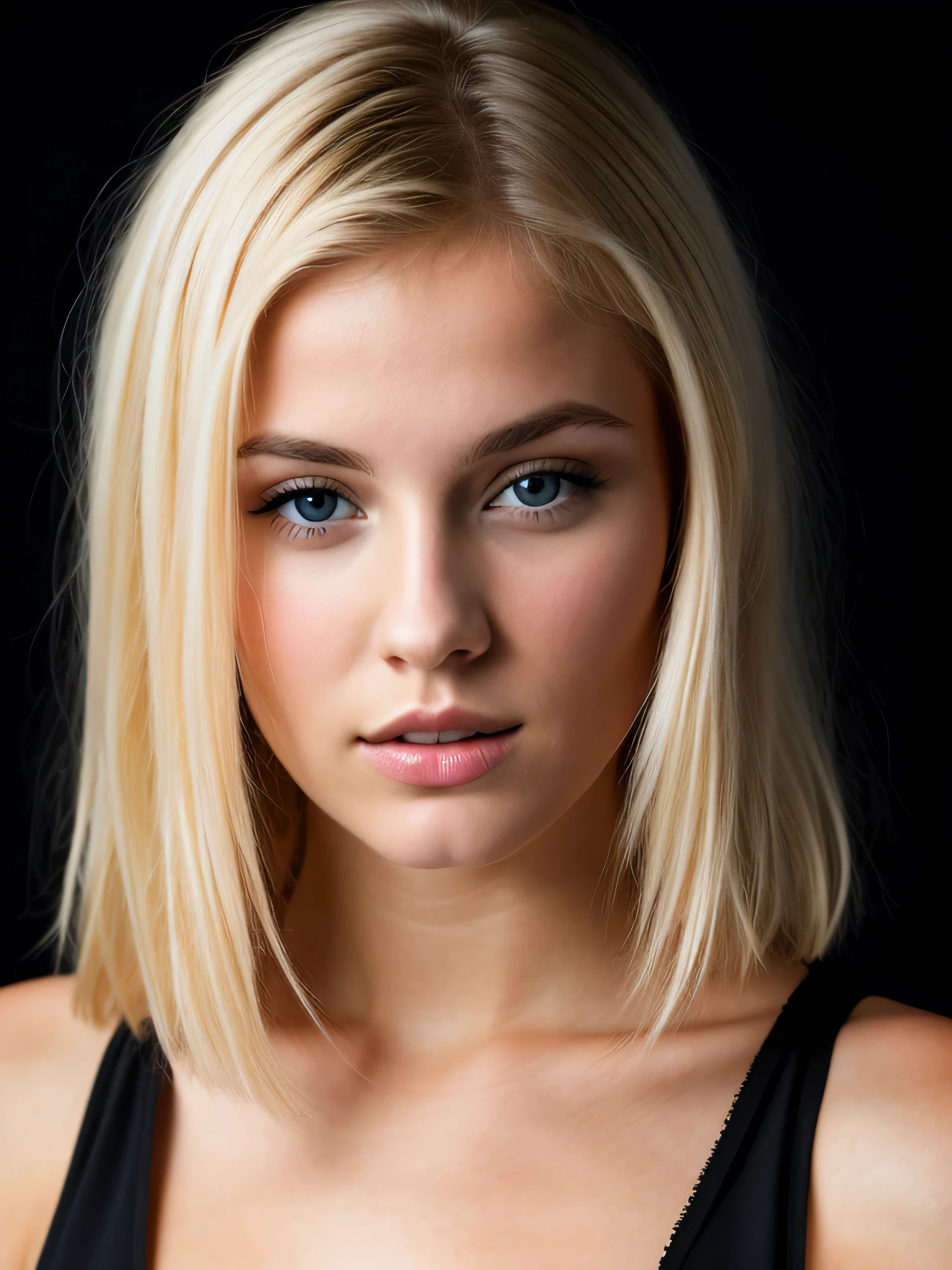 une femme blonde de 23 ans, Photorealism, studio photo on very dark black background, mode, Blonde Hair with Light Brown Roots, cheveux blond, Cheveux avec des racines brunes, yeux bleus, belle femme, vue de face, high quality,