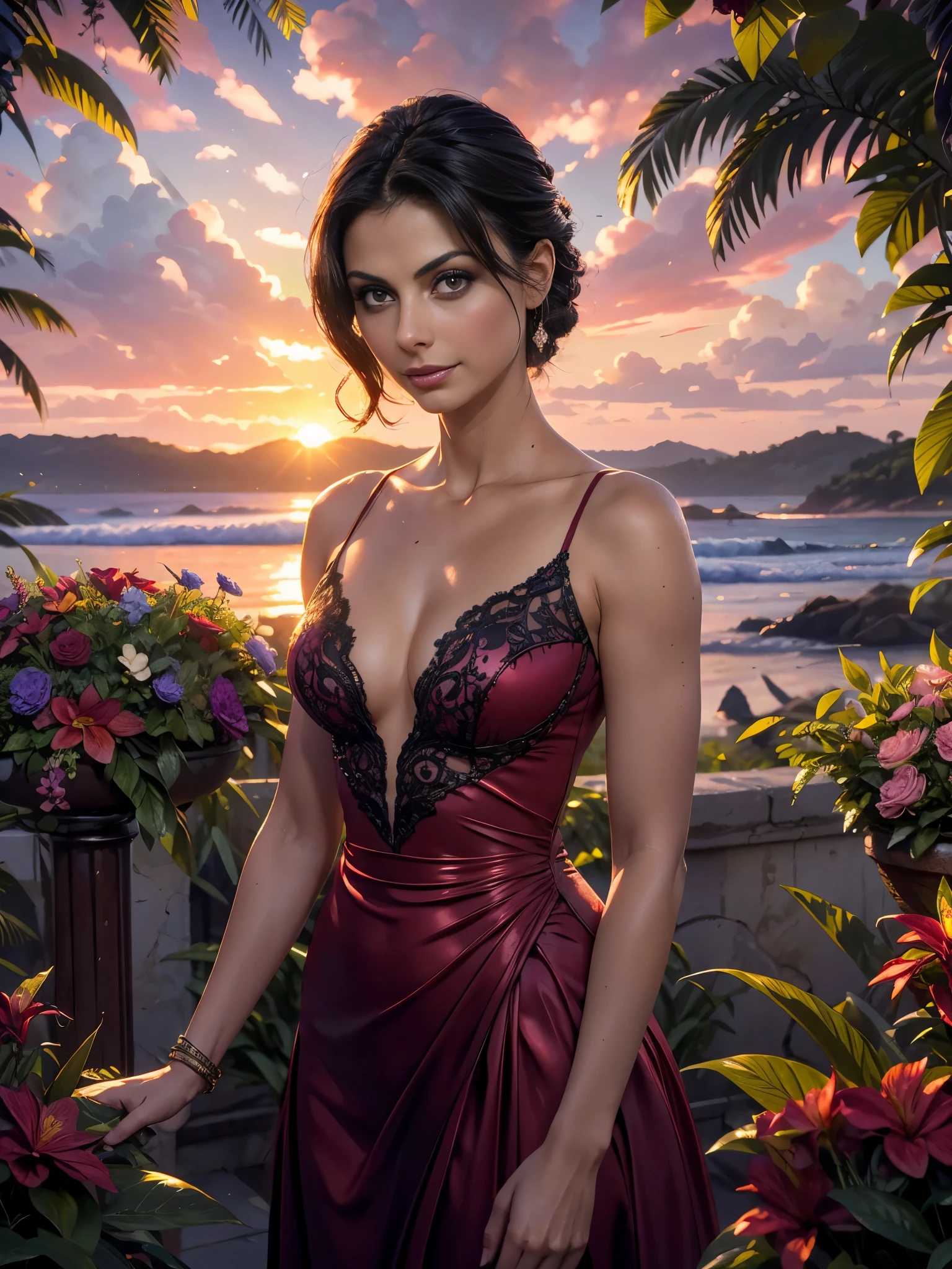 Foto hiperrealista en primer plano de Morena Baccarin masterpiece, best quality, (photorealistic:1.4), (gloss evening dress1.2), cinematic light, skinny, medium breasts, brunette long wavy hair, detailed face, smile, facing the camera, summer, tropical, jungle, ((surrounded by beautiful flowers:1.1)), whimsical, intricate brush strokes, beautiful lighting, intricate details, Unreal Engine, creative, expressive, detailed, colorful, digital art, unique, (gorgeous sunset:1.3), suggestive pose