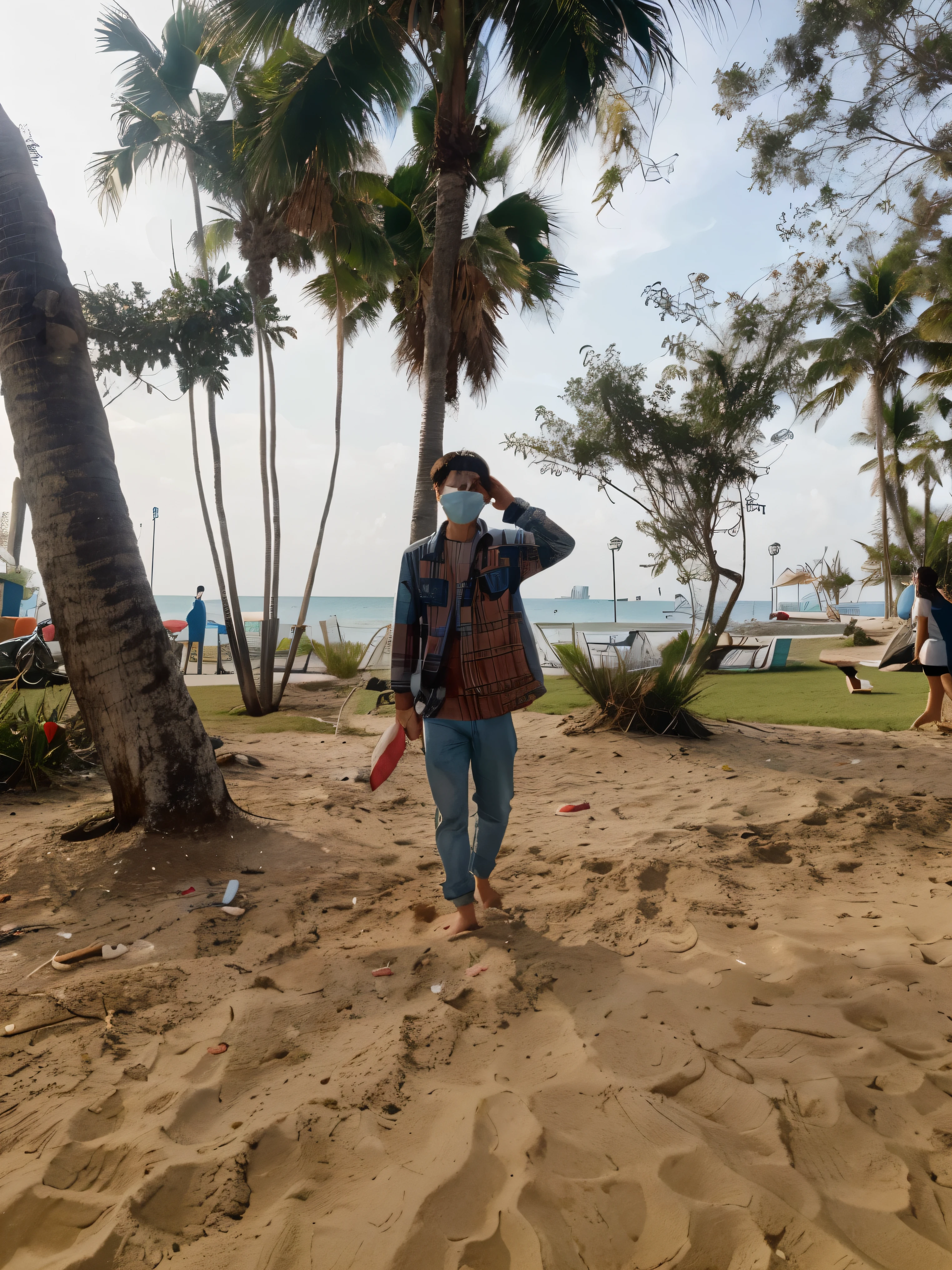A cute Korean boy with a realistic face and with a face mask, chilling near the clean peaceful beach . And change the background with the realistic Miami beach Florida America. Sea layers touching his leg