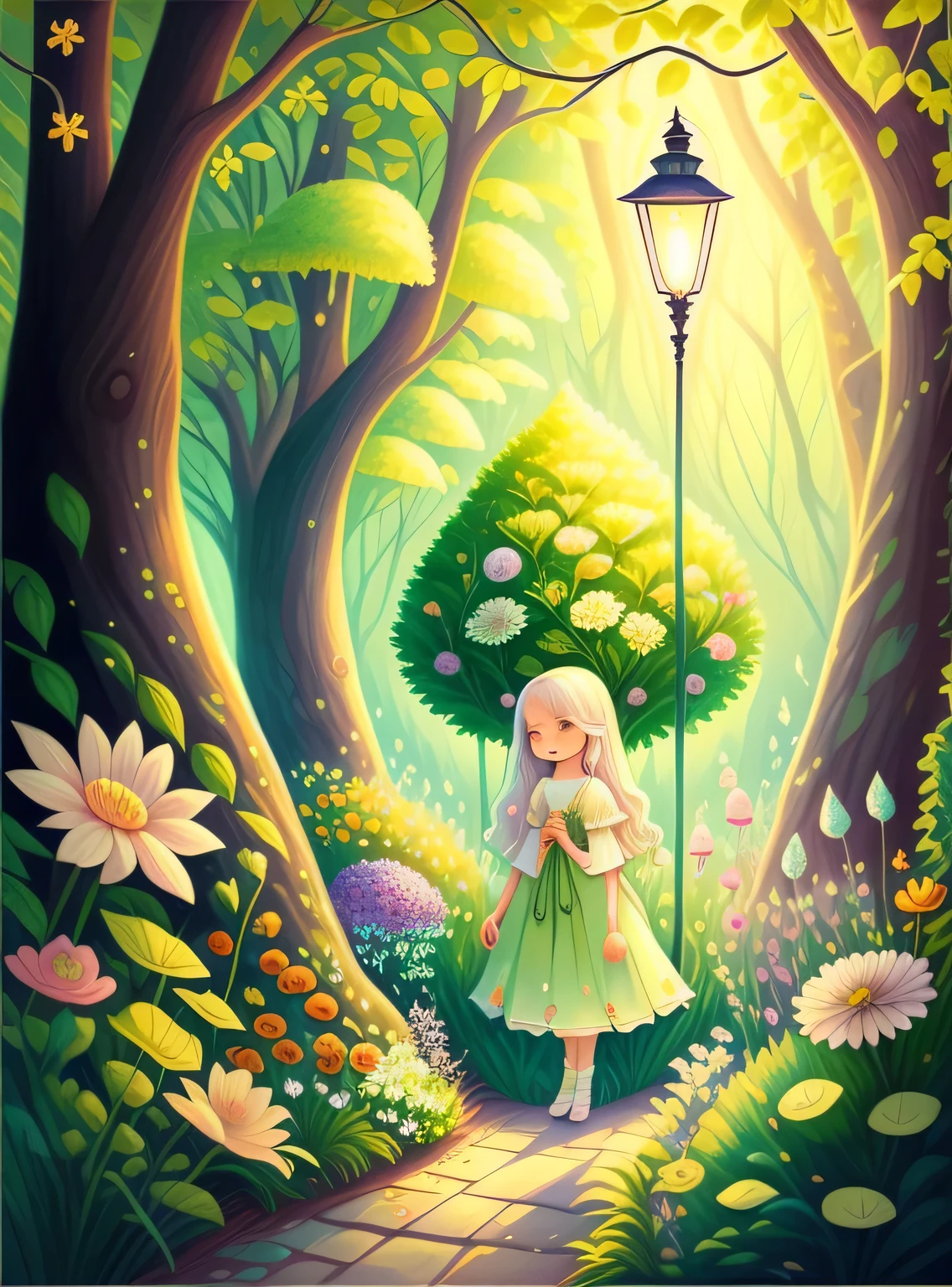 jardim de sonho, trees, Flores, Bonito, cabelos de cores claras, pale green eyes, teia, a fairy tale illustration, Uma obra-prima sob luz brilhante, arte deslumbrante, lamparina! A arte da magia, arte de conto de fadas, arte inspiradora, obras de arte requintadas