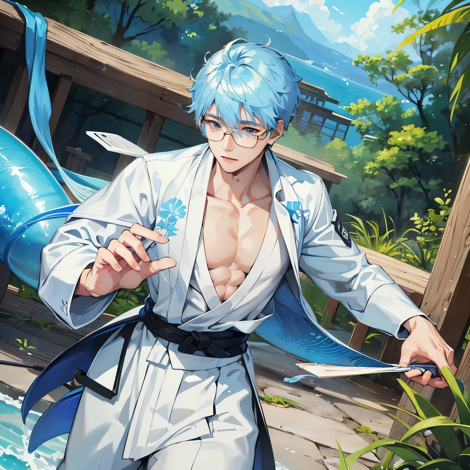 An attractive man with long blue light hair, wearing Hawaiian clothes, white skin color, with smoked glasses, athletic body,no glass,mahito from jujutsukaisen