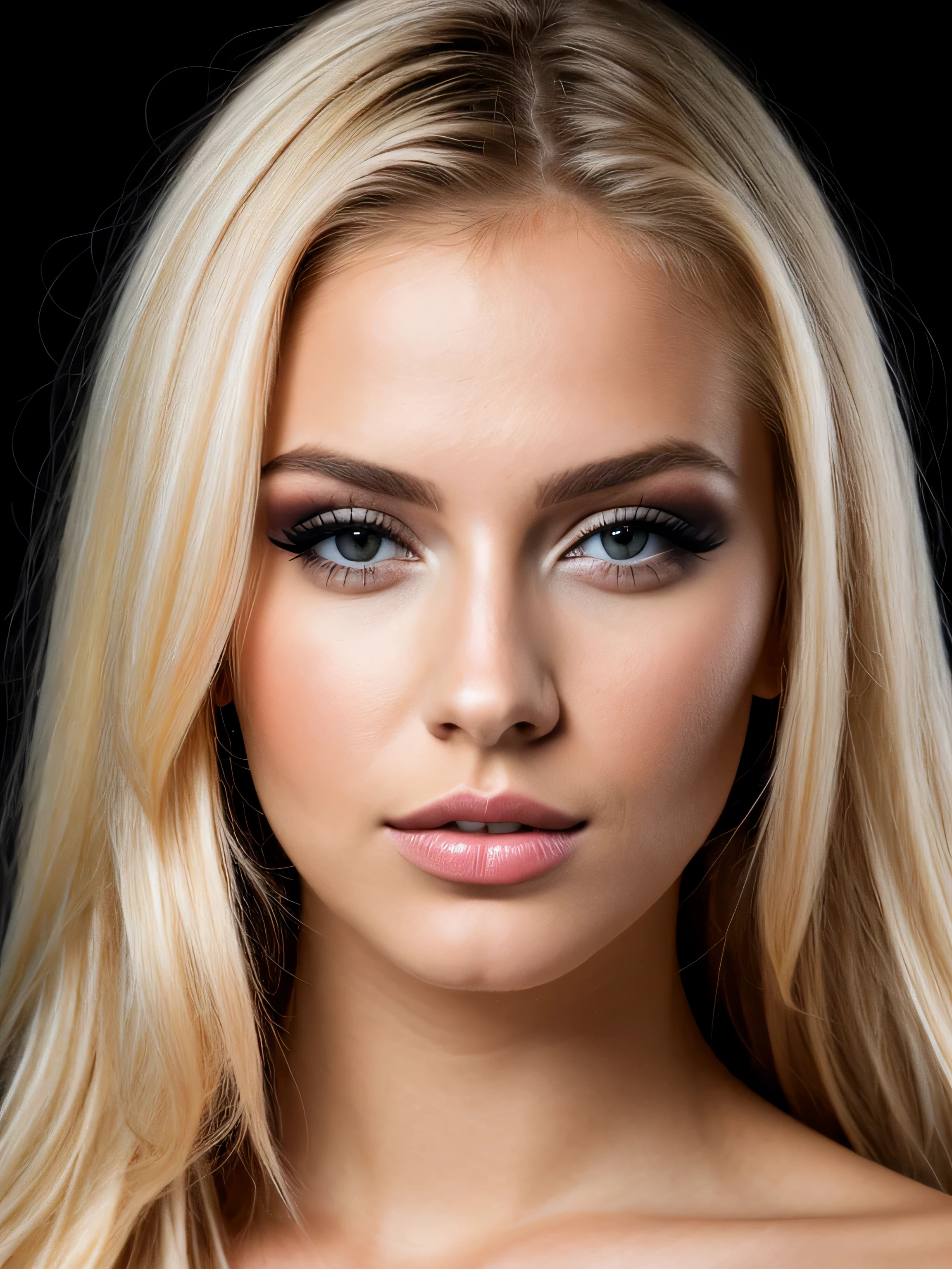 une blonde et maquilleuse de 23 ans, Photorealism, studio photo on very dark black background, mode, Blonde Hair with Light Brown Roots, cheveux blond, Cheveux avec des racines brunes, yeux bleus, belle femme, vue de face, high quality,