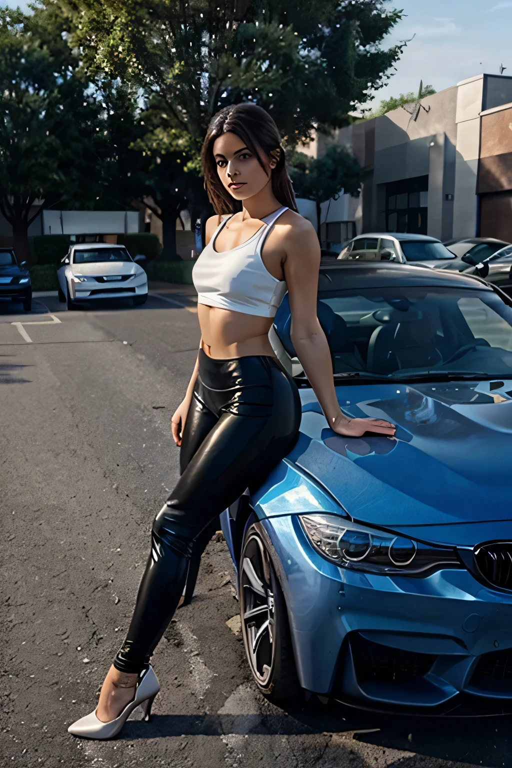 Create an image of a slim, beautiful brunette model standing next to a blue BMW M3 in a gym parking lot. She wears black leggings, a white top, and stylish high heels. Leaning forward with her hands resting on the car's front hood, she exudes confidence. The scene is bathed in warm sunlight, with the gym's hustle and bustle in the background