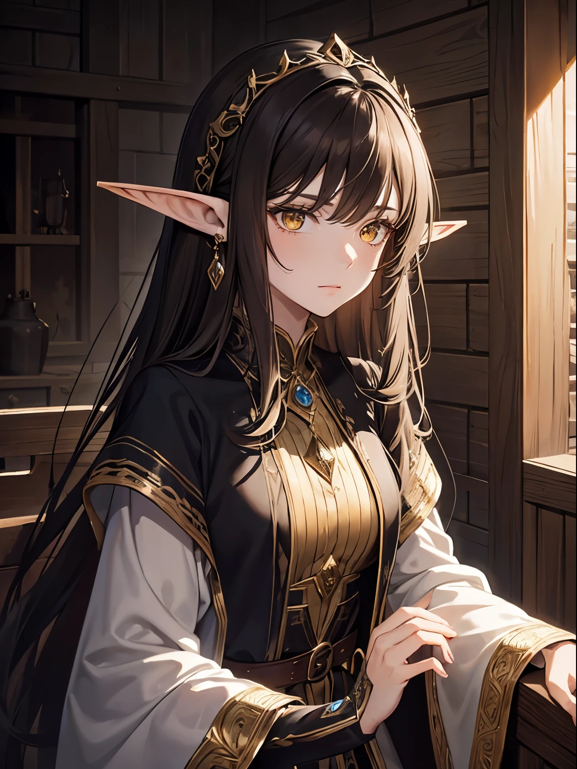 Close up, fantasy world, medieval, mansion, wooden walls, woman, elf ears, fair skin, yellow eyes, dark brown hair, long hair, neat hair, calm expression, grey dress, luxurious clothes, jewelry