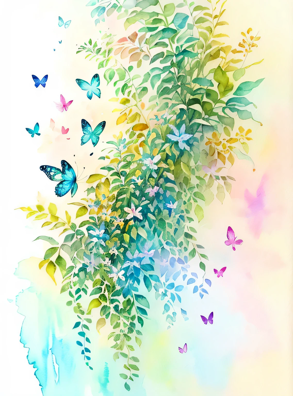 (aquarela，pintura de um，Plants fly around，Harmonia da borboleta，Obra de arte，a beautiful art illustration，beautiful digital illustration，lindo e lindo，linda pintura digital，No estilo dos personagens，No estilo de pintura，borboleta，Arte fresca，exquisite digital illustration，Borboletas e luz solar、pintura em aquarela)
