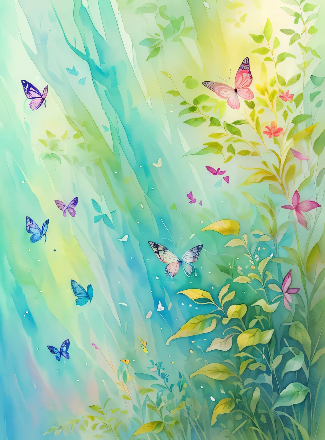 (aquarela,pintura de um,Plants fly around,Harmonia da borboleta,Obra de arte,a beautiful art illustration,beautiful digital illustration,lindo e lindo,linda pintura digital,No estilo dos personagens,No estilo de pintura,borboleta,Arte fresca,exquisite digital illustration,Borboletas e luz solar、pintura em aquarela)