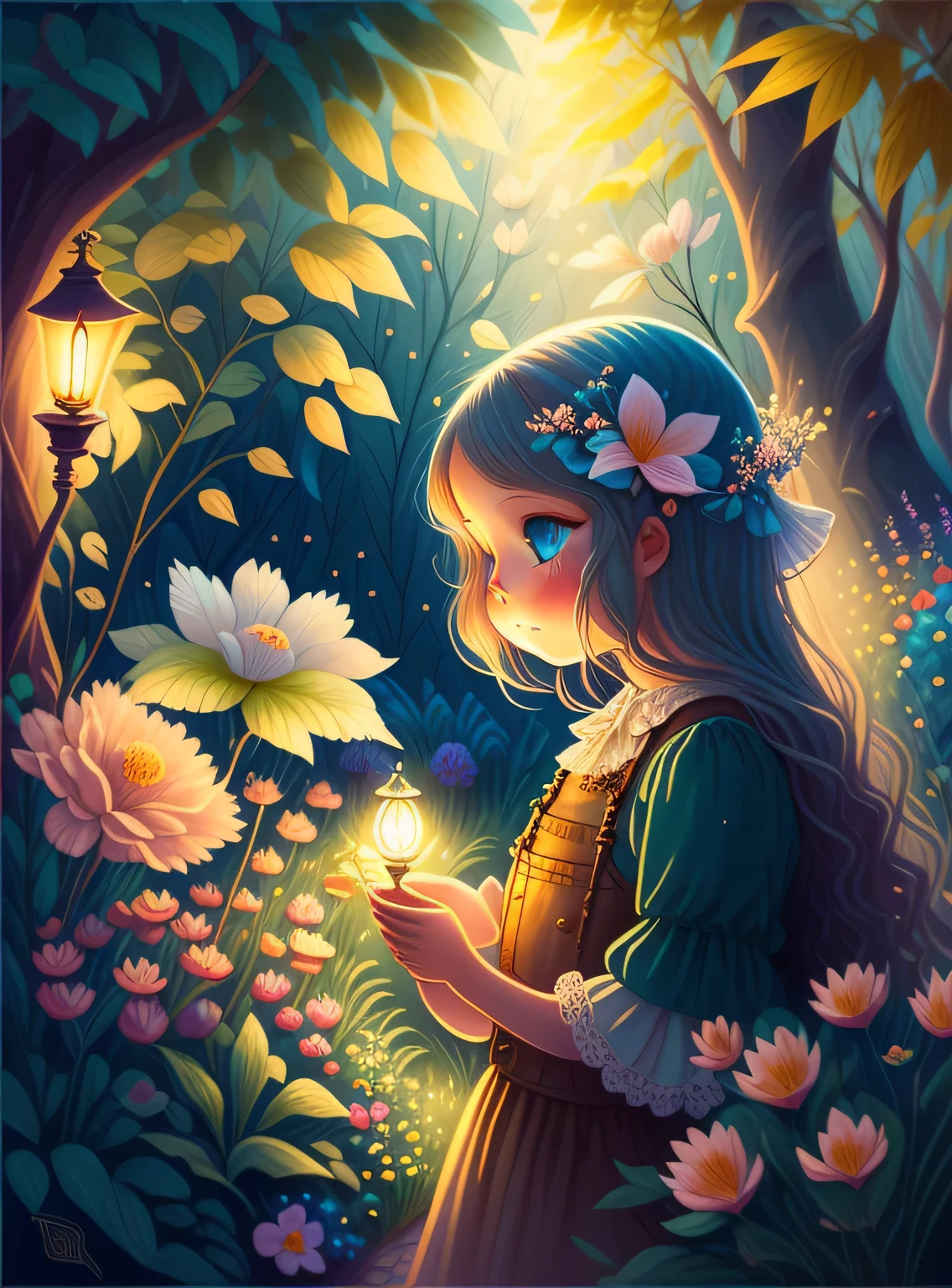 jardim de sonho, trees, Flores, Bonito, cabelos de cores claras, olhos azuis, teia, a fairy tale illustration, Uma obra-prima sob luz brilhante, arte deslumbrante, lamparina! A arte da magia, arte de conto de fadas, arte inspiradora, obras de arte requintadas