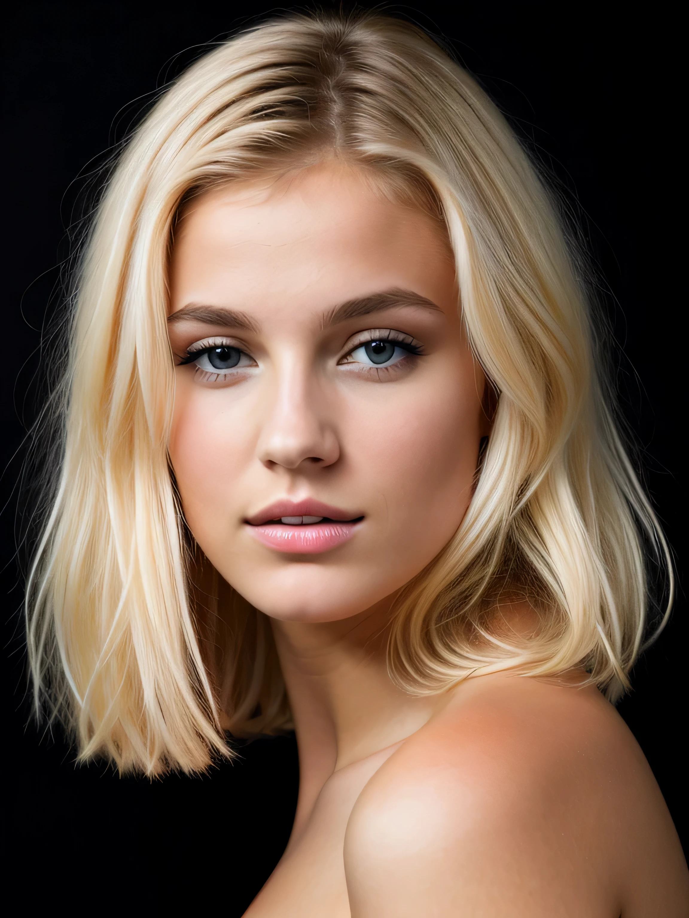 une femme blonde de 23 ans, Photorealism, studio photo on very dark black background, mode, Blonde Hair with Light Brown Roots, cheveux blond, Cheveux avec des racines brunes, yeux bleus, belle femme, vue de face, high quality,