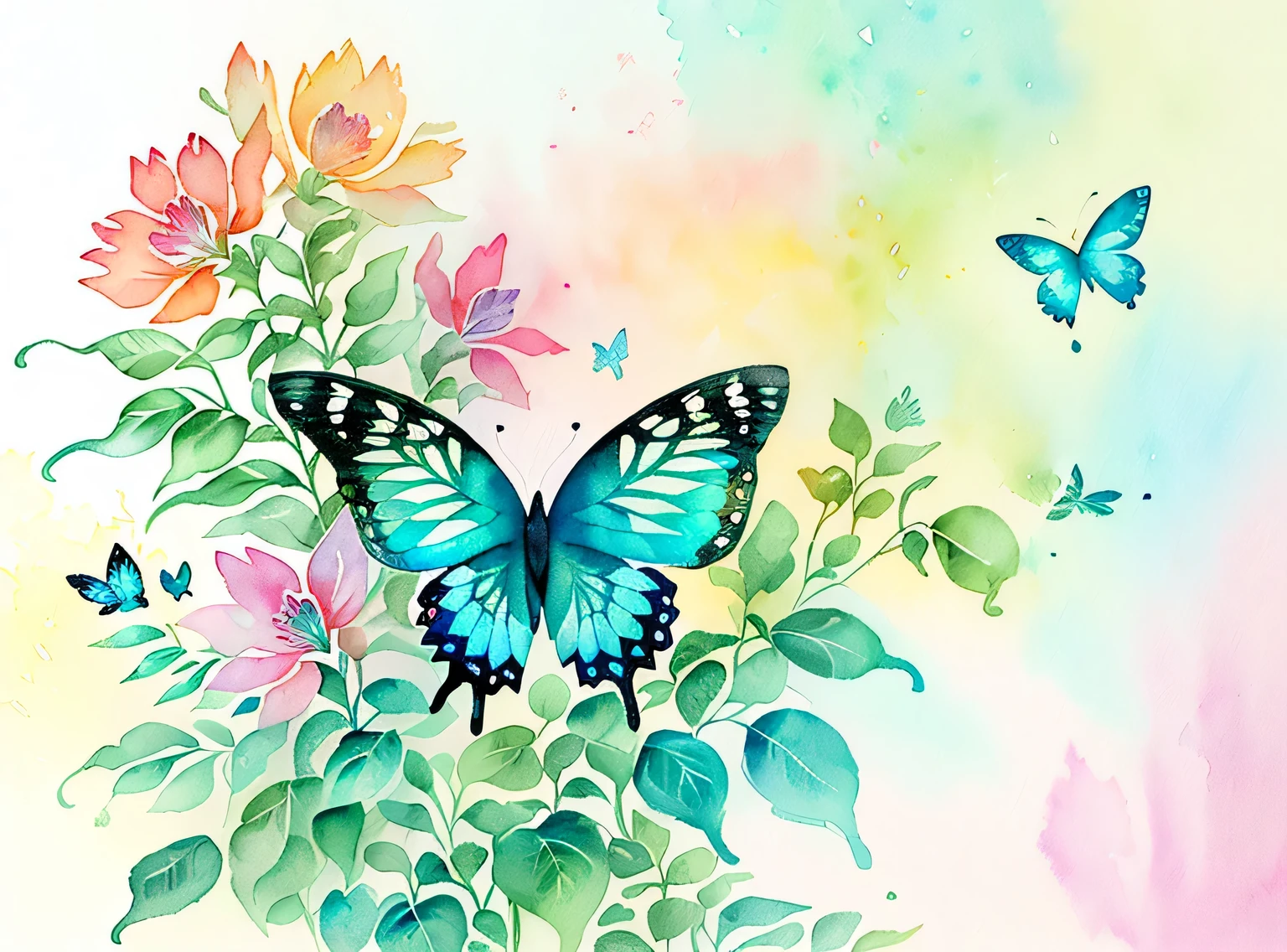 (aquarela，pintura de um，Plants fly around，Harmonia da borboleta，Obra de arte，a beautiful art illustration，beautiful digital illustration，lindo e lindo，linda pintura digital，No estilo dos personagens，No estilo de pintura，borboleta，Arte fresca，exquisite digital illustration，Borboletas e luz solar、pintura em aquarela)