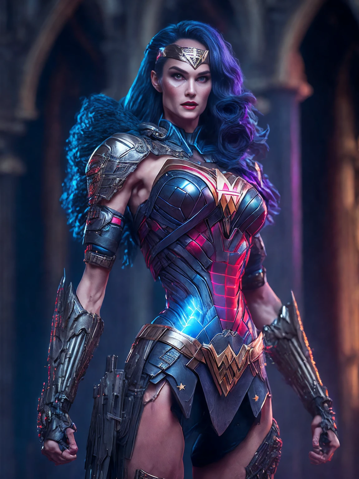 (((full body photo))) Portrait, Zombie Wonder Woman from DC, biomechanical, complex robot, full growth, hyperrealistic, insane small details, extremely clean lines, cyberpunk aesthetic, masterpiece unveiled at Zbrush Central, gothic brutalist cathedral, cyberpunk, award-winning photo, bokeh, neon lights, cybernetic limb