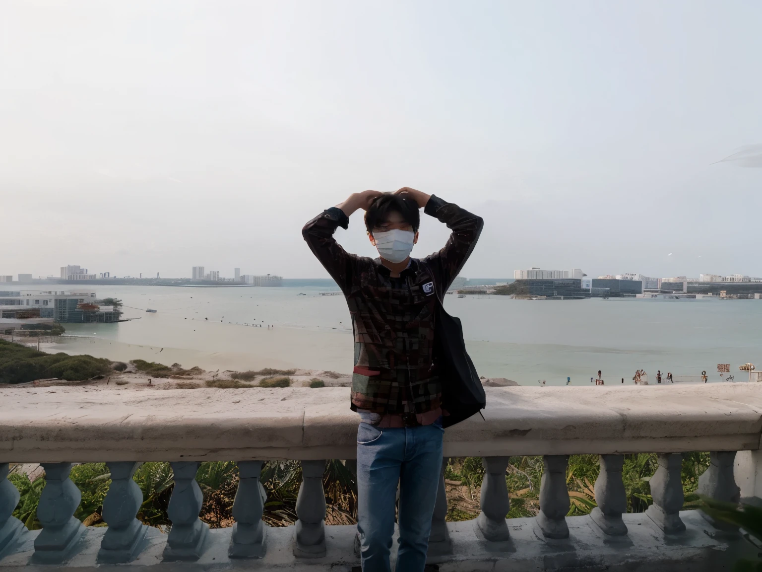 Cute Korean boy acts like BTS style a perfect face with a face mask and chilling Miami beach America Florida and without big sea layers in the background realistic aesthetic wallpaper 3D 4K higher resolution