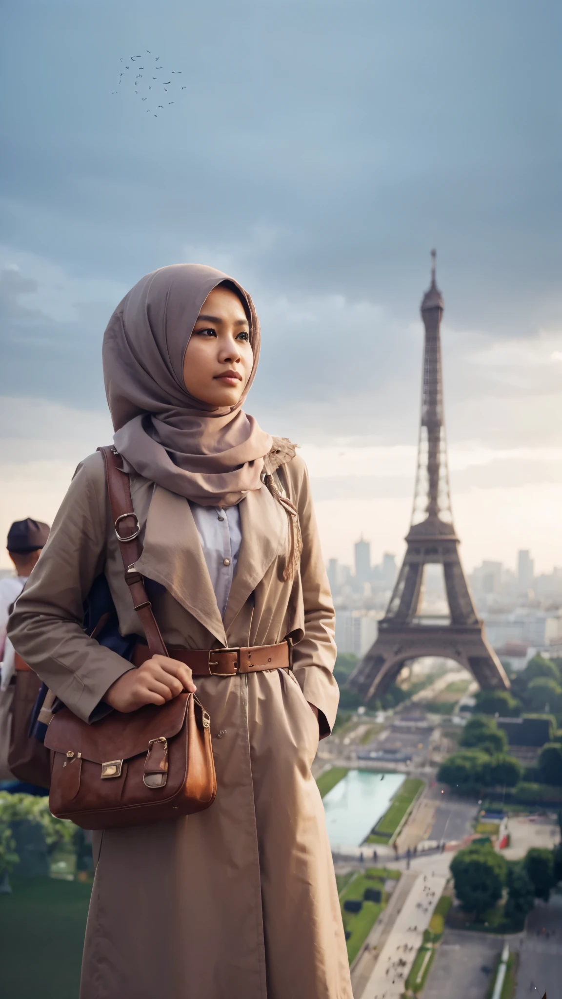 A realistic photograph of an Indonesian Muslim woman wearing a traveler outfit standing in front of the Eiffel Tower