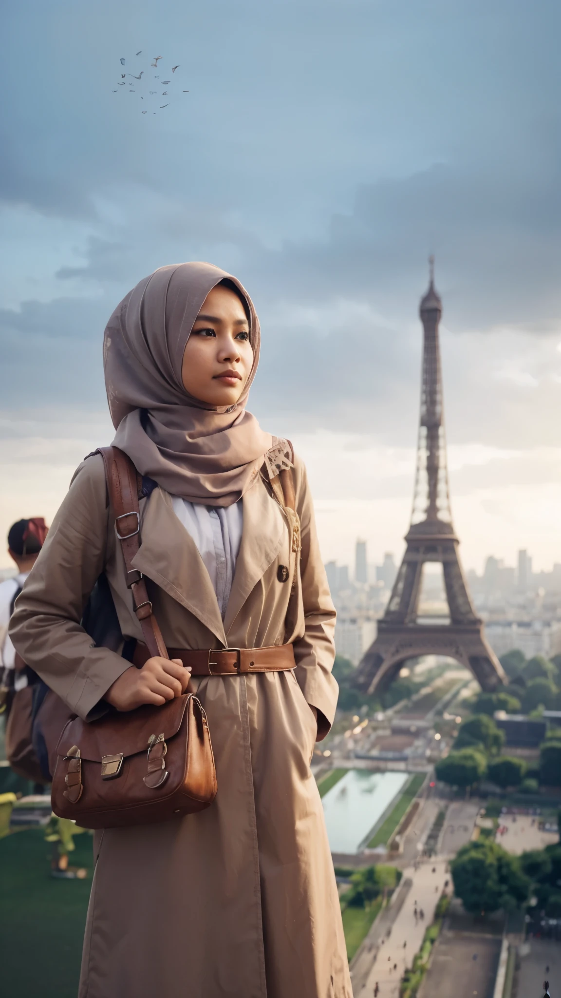 A realistic photograph of an Indonesian Muslim woman wearing a traveler outfit standing in front of the Eiffel Tower