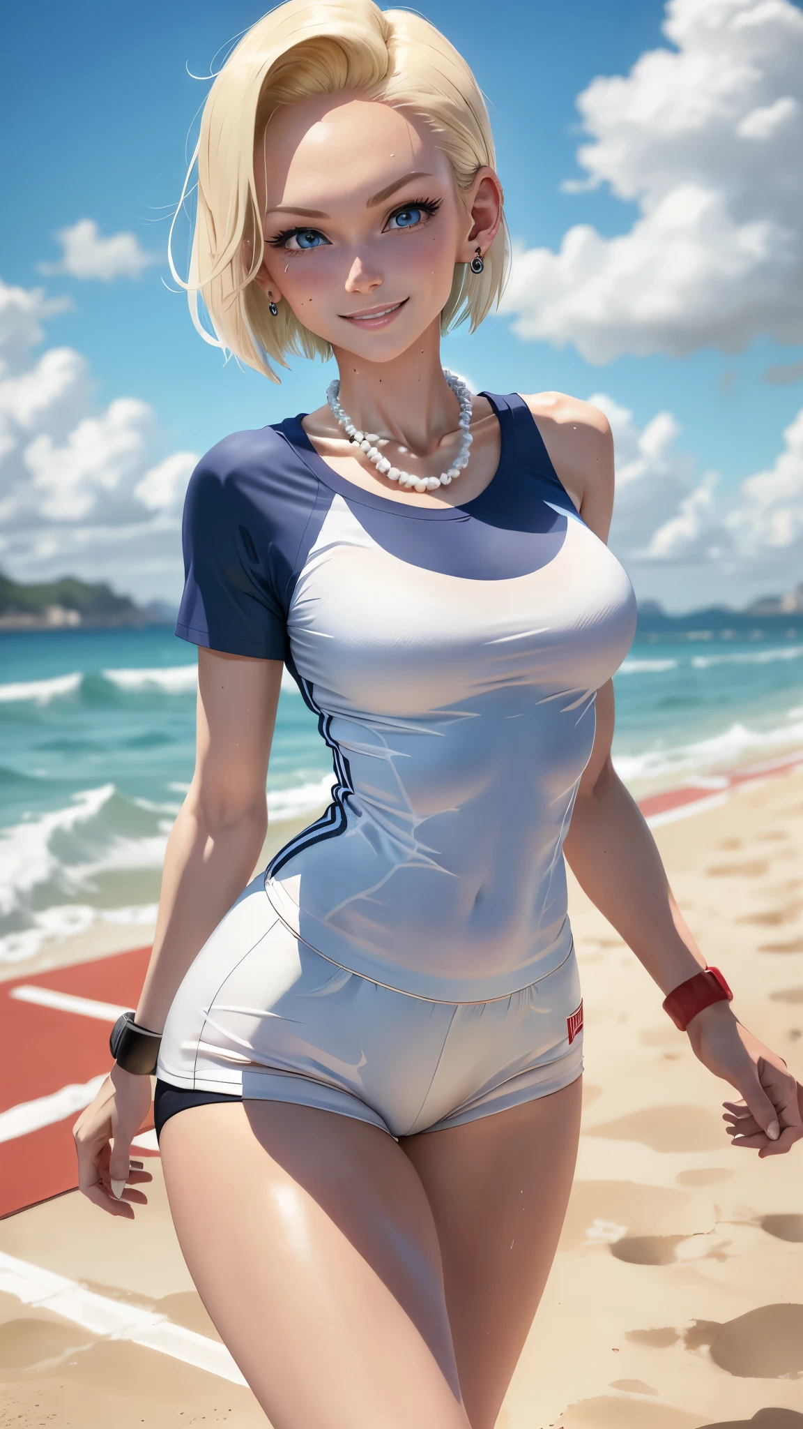 best quality, highres, and18, 1girl, android 18, solo girl, 1girl, blonde hair, blue eyes, sport sneakers, red and white volleyball uniform, pearl necklace, white lycra micro shorts, short hair, white lycra sport top, earrings, wrist sweat bands, medium breasts, cowboy shot, sea shore, straight-on, (weather: and windy), wet body, wet shirt, cute smile, relaxed stance, thigh high socks, volleyball court,