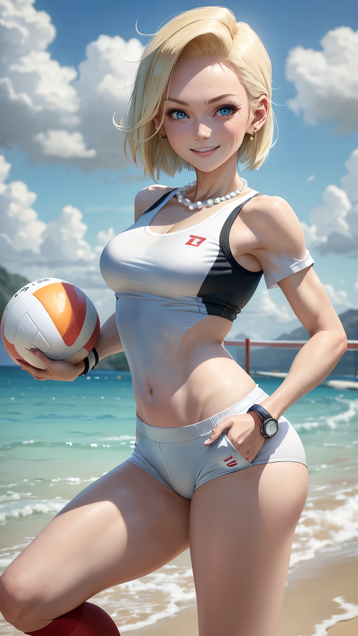 best quality, highres, and18, 1girl, android 18, solo girl, 1girl, blonde hair, blue eyes, sport sneakers, red and white volleyball uniform, pearl necklace, white lycra micro shorts, short hair, white lycra sport top, earrings, wrist sweat bands, medium breasts, cowboy shot, sea shore, straight-on, (weather: and windy), wet body, wet shirt, cute smile, relaxed stance, thigh high socks, volleyball court,