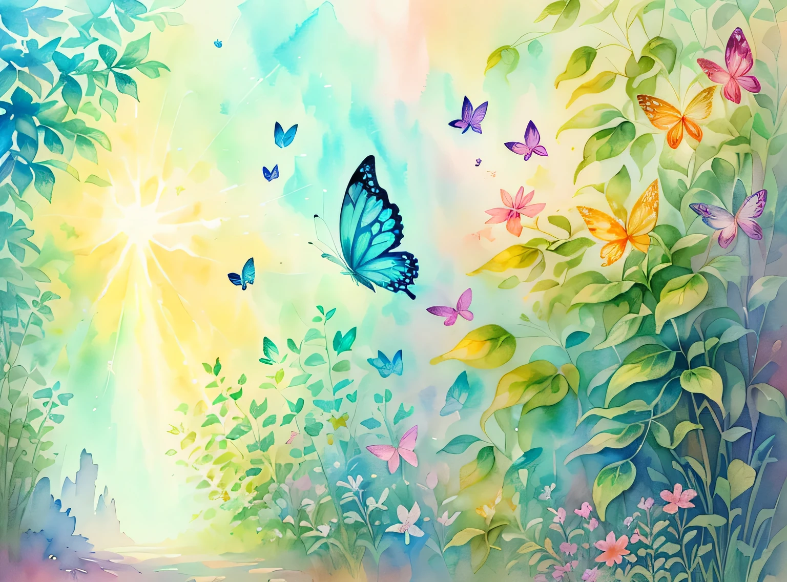 (aquarela,pintura de um,Plants fly around,Harmonia da borboleta,Obra de arte,a beautiful art illustration,beautiful digital illustration,lindo e lindo,linda pintura digital,No estilo dos personagens,No estilo de pintura,borboleta,Arte fresca,exquisite digital illustration,Borboletas e luz solar、pintura em aquarela)