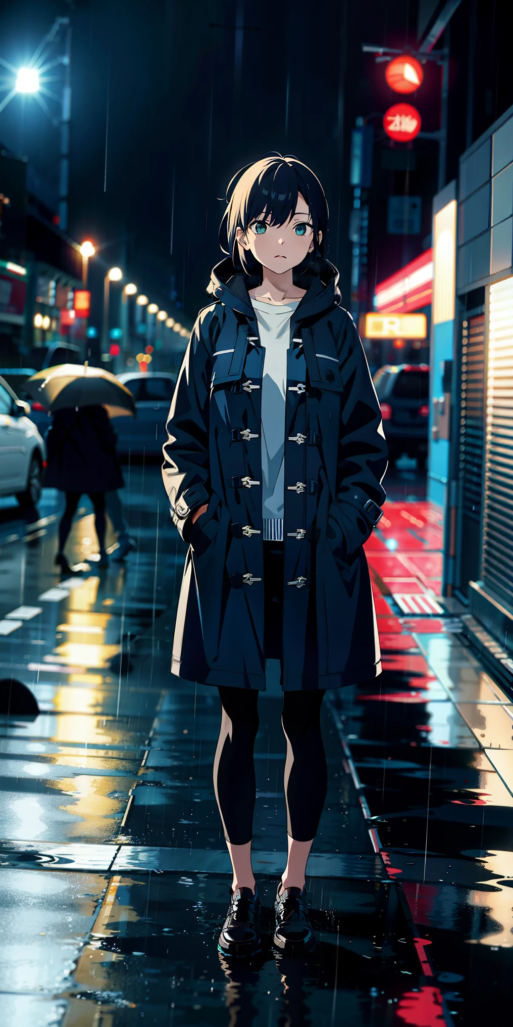1girl,night city,rain,coat,hands in pockets